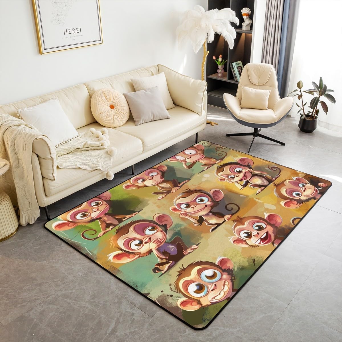 Feelyou Cute Monkey Living Room Rugs Area Rug 3x5 Wild Animal for Kids Western Farmhouse Decorative Carpet Women Men Teens Ultra Soft Decor Cartoon Indoor Floor Mat Non-Slip