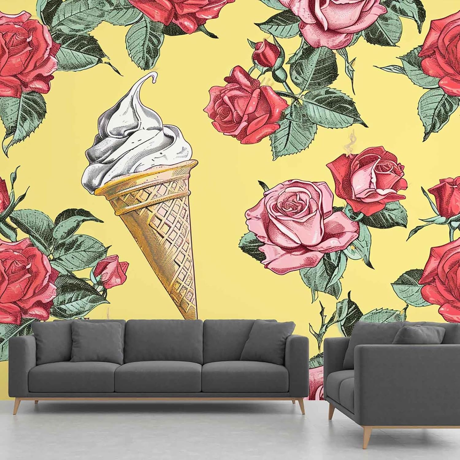 Floral Rose Ice Cream Wall Sticker, Nostalgic Botanical Murals Self