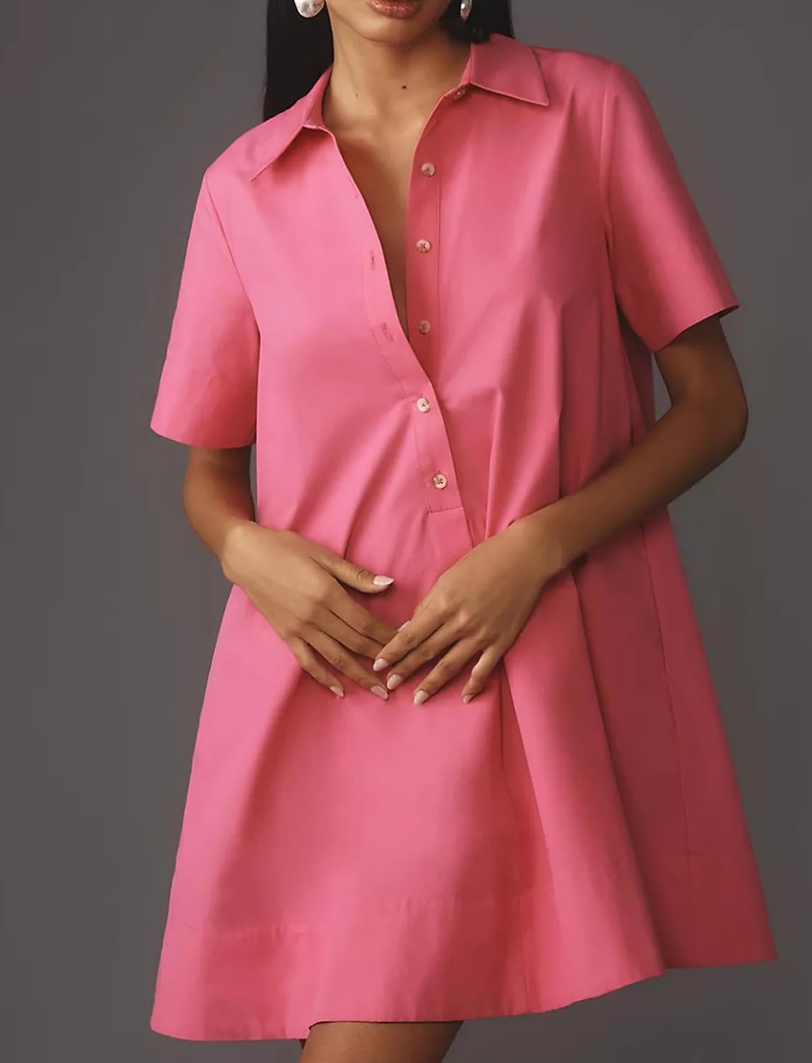 Women's Short Sleeve Swing Tunic Mini Dress Button Up Blouse Shirt Summer Loose Casual Flowy A Line Short Dress - Image 3