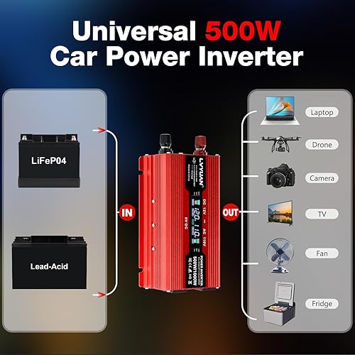 Miniatura 4 de LVYUAN, inversor de corriente para coche de 500 W, 12 V CC a 110 V CA con 2 enchufes de EE. UU., encendedor de cigarrillos, pantalla LCD, puertos
