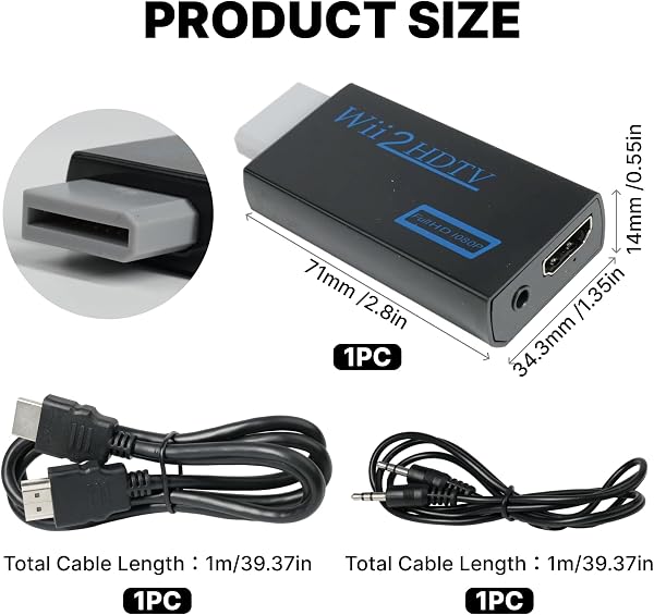 Adaptateur Wii HDMI, Adaptateur Peritel HDMI avec Câble HDMI de 1 m et Câble Audio 3,5 mm de 1 m, Convertisseur 1080p Compatible avec Tous les Modes d'Affichage pour Console Wii, Projecteur, TV - 2