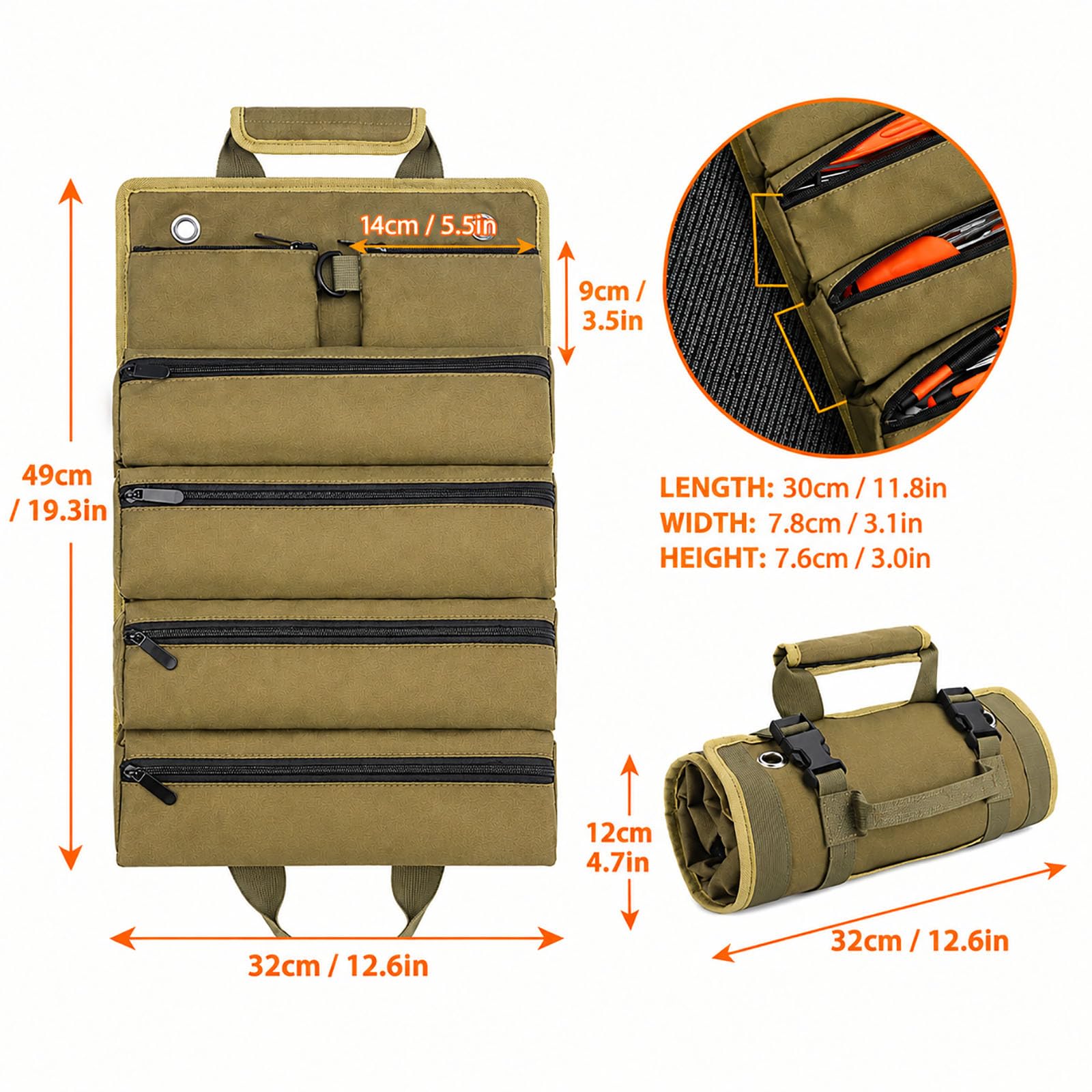 Roll Up Tool Zippered Pockets Wrench Organizer Portable Tool Roll (Khaki)