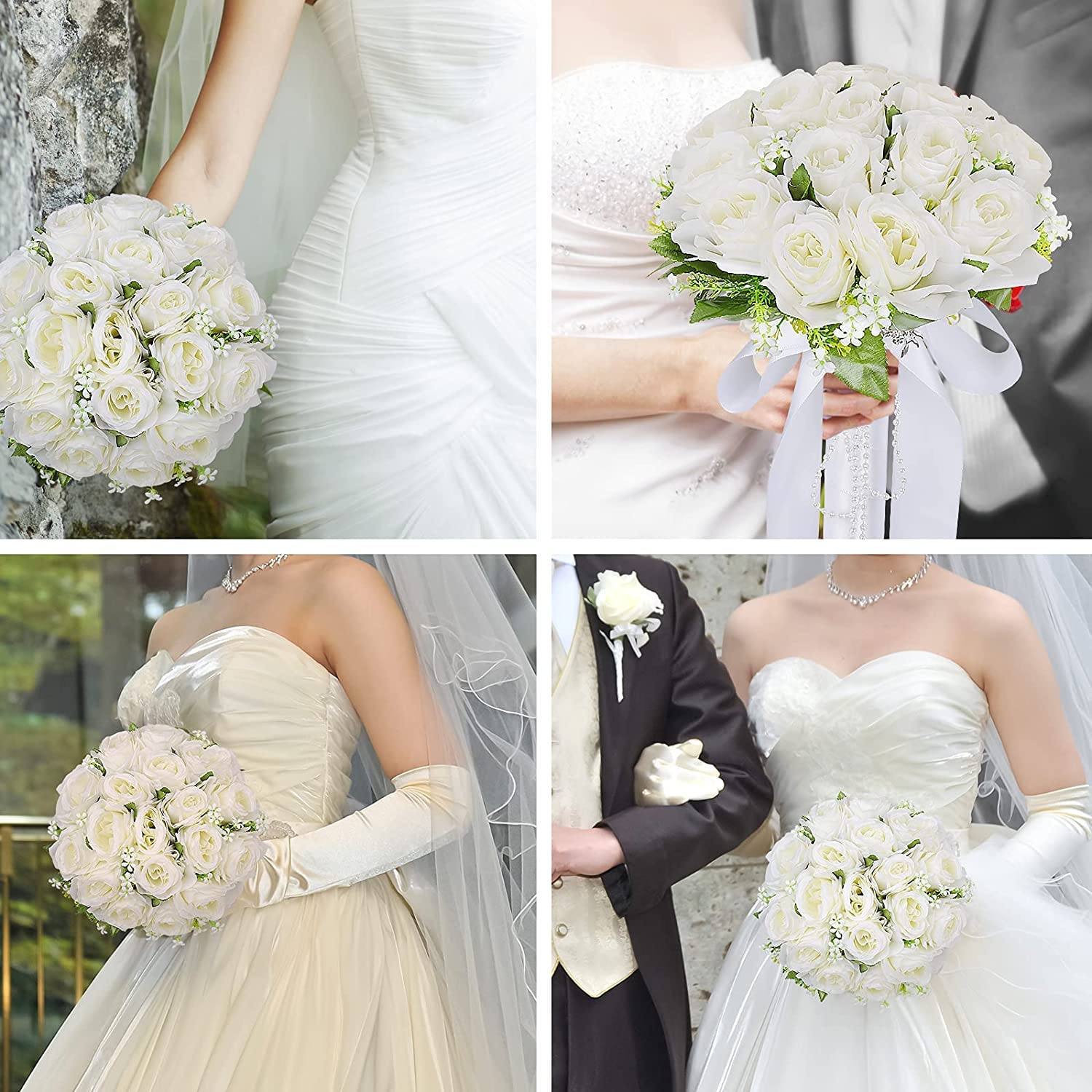 Hochzeitsstrauß für Braut und Brautjungfer, Hochzeitszubehör, Seidenband, künstliche Rosen mit Blumen, Brautstrauß, Gastgeschenke (weiß)
