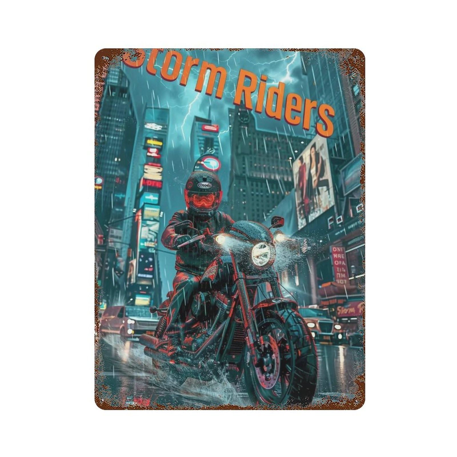 YHGERTKU Storm Riders Rainy City Lightning Biker 03 Wall Art Retro Iron Vintage Metal Tin Sign Poster Modern Decor for Living Rooms Gift 40x30cm
