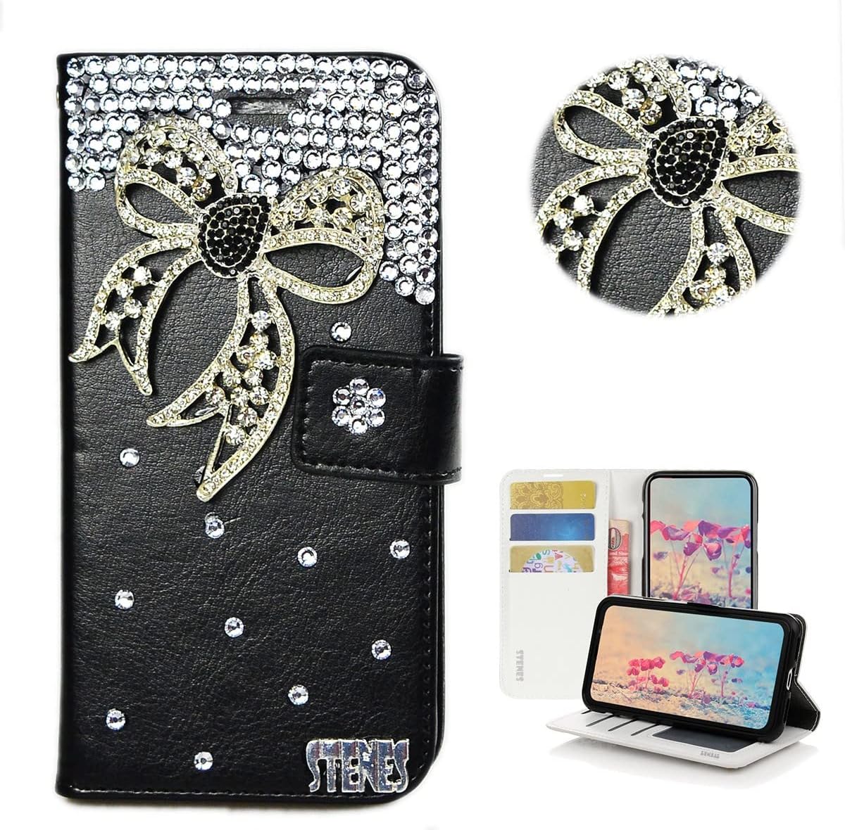 STENES Bling Wallet Phone Case Compatible with Samsung Galaxy Note 20 Ultra - Stylish - 3D Handmade Bowknot Design Leather Cover with Screen Protector & Neck Strap Lanyard - Black