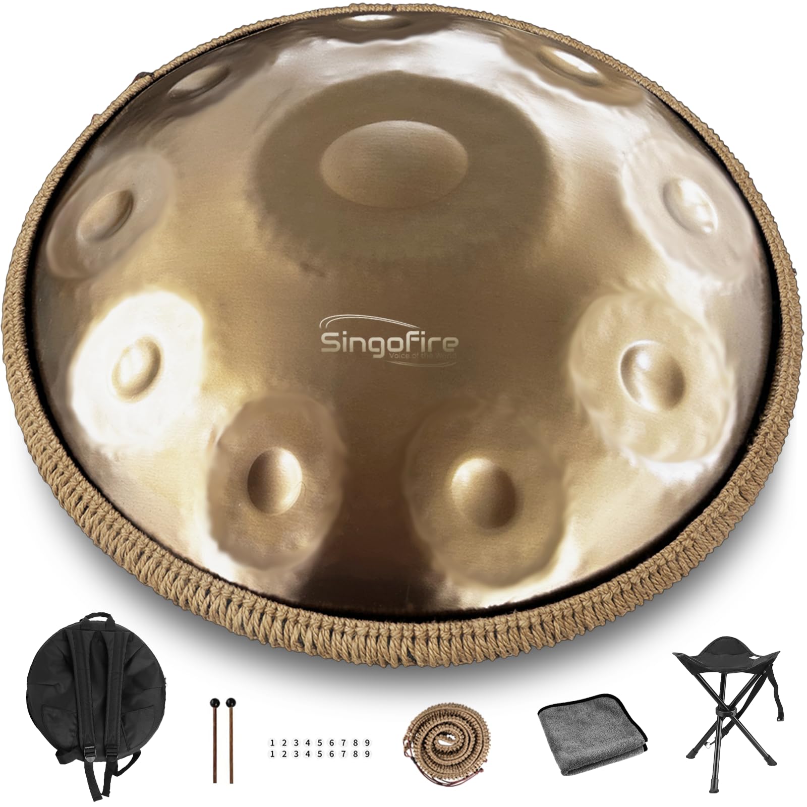"SINGOFIRE" 10-Notes Handpan Drum, Handpan Drums for Adults, 22-Inch 440Hz D Minor Kurd Handpan, HandPan Instrument with Soft Handpan Bag, 2 Handpan Mallets, Handpan Stand and Dust-Free Cloth(Gold)