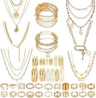 KOSMOS-LI 55-Piece Gold Plated Jewelry Set for Women: Pearl Heart Necklaces, Lock Bracelets, Hoop Earrings & Knuckle Rings
