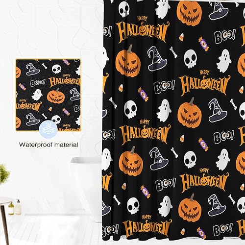 Miniatura 5 de Cortina de ducha de Halloween para baño, cortina de ducha de calabaza fantasma con calavera de caramelo para decoración de baño de Halloween, 72 x