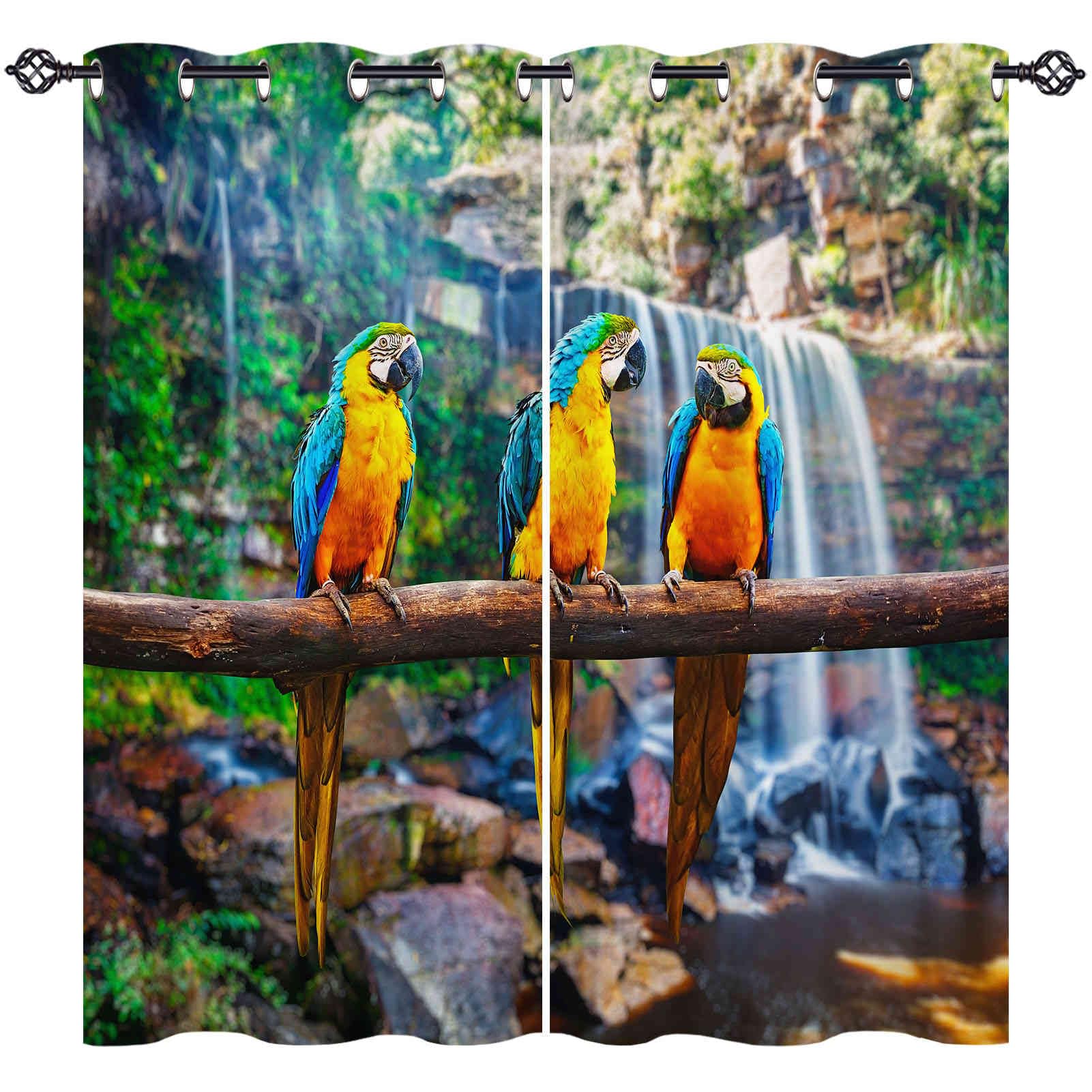 ANHOPE Parrot Curtains Eyelet Thermal Insulated Blackout Curtains Jungle Waterfall Animal Macaw Print Pattern Ring Top Drapes for Bedroom Living Room 55 x 69 Inch Drop 2 Panels