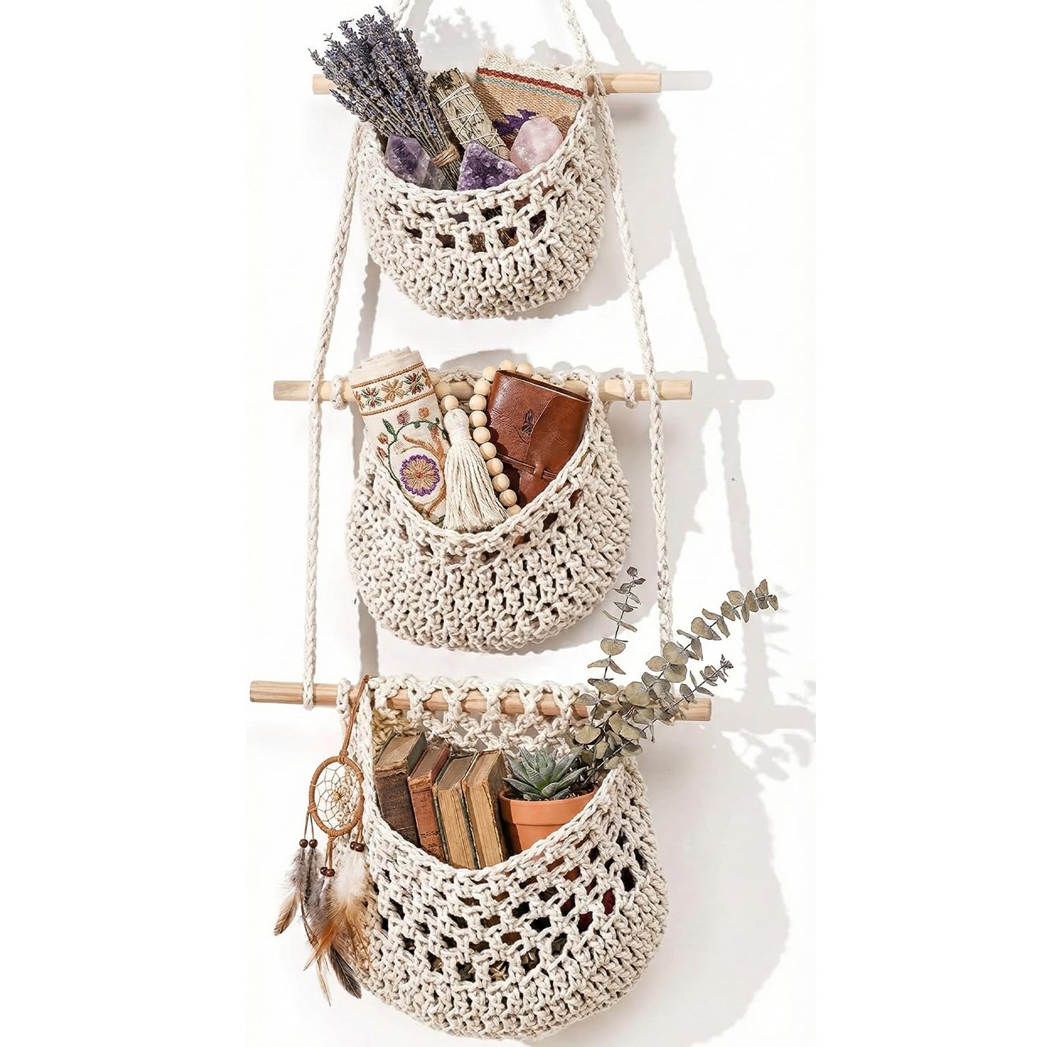 Hängekorb Wand Aufbewahrung, 3 Etagen obstkorb hängend (Weiß), eckregal hängend,Dekorative Blumenampel für Wand Tür, Große Wandkorb Aufbewahrung Deko Wohnzimmer Wandkorb Boho Küche Dekor Korb Küche, Haushalt & Wohnen