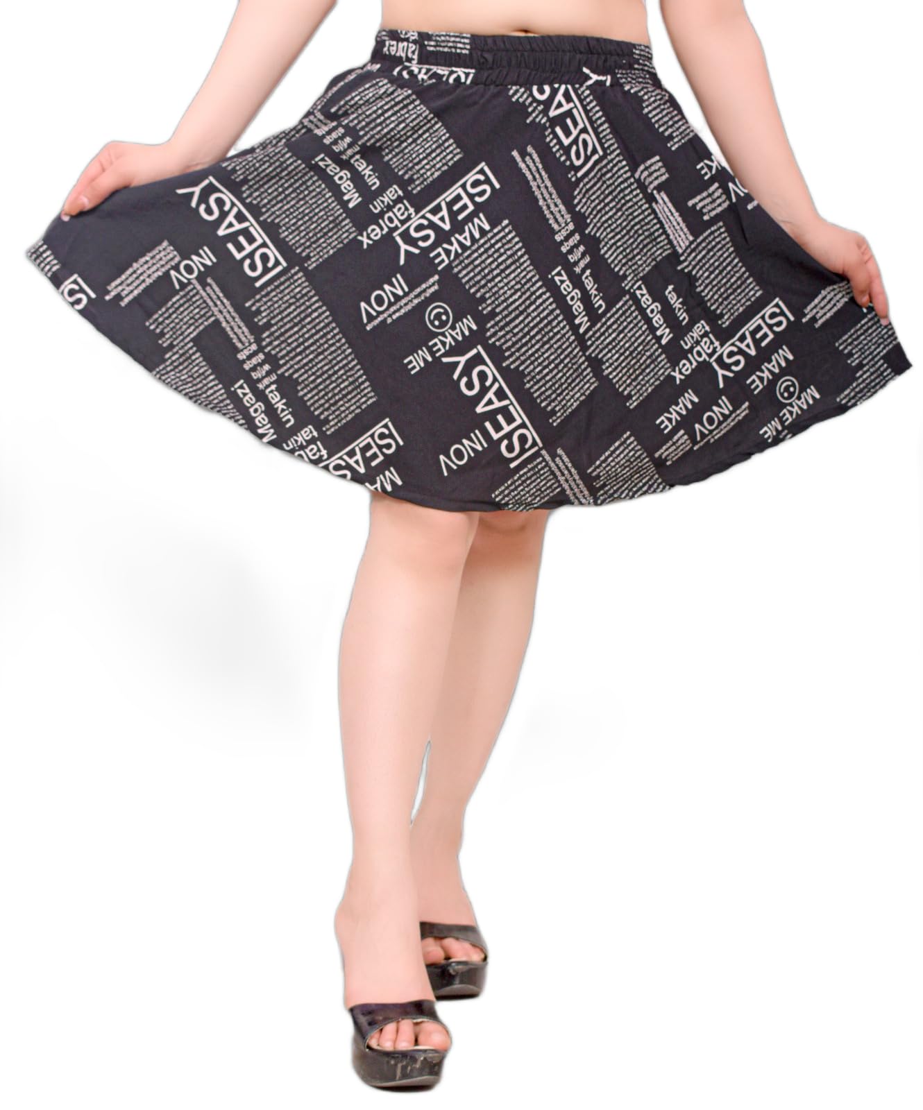 one amore Chic Monochrome Above Knee Flared Skirt with Numeric Print Black