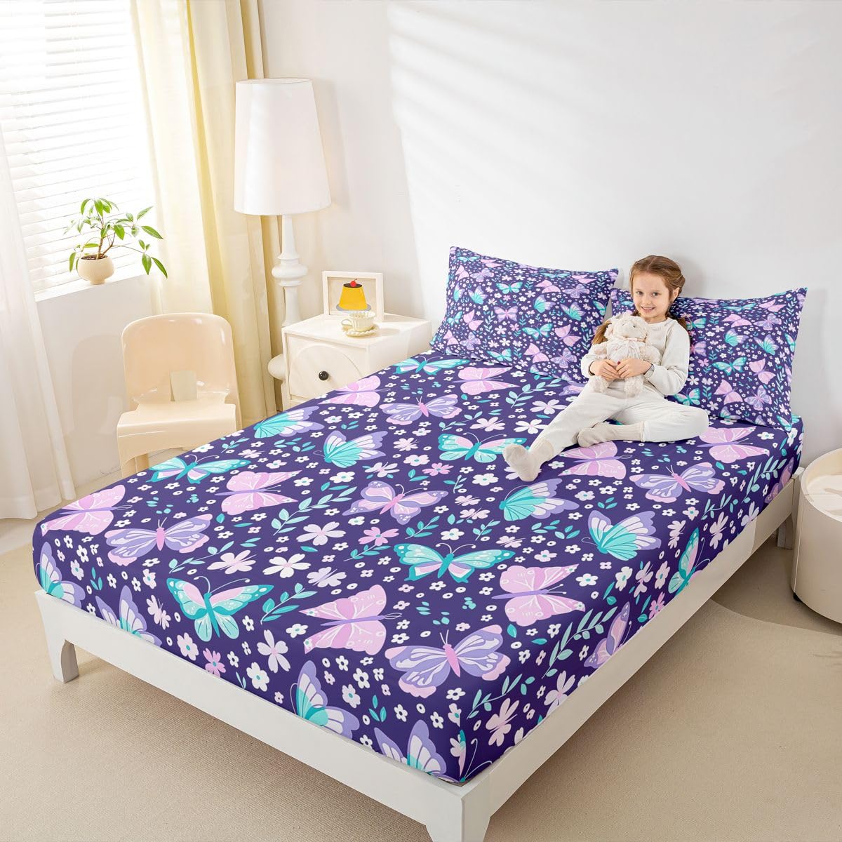 Homemissing Sábana bajera ajustable con 2 fundas de almohada, tamaño King, con estampado de mariposas moradas de 16 pulgadas de profundidad, sábana bajera ajustable para niños y niñas, bonita ropa de