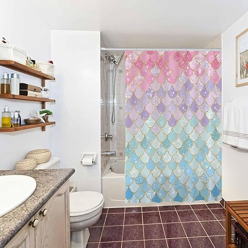 Miniatura 5 de Allenjoy Cortina de ducha con escamas de sirena de 72 x 72 pulgadas para baño, océano bajo el mar, decoración de baño rosa y azul, tela impermeable
