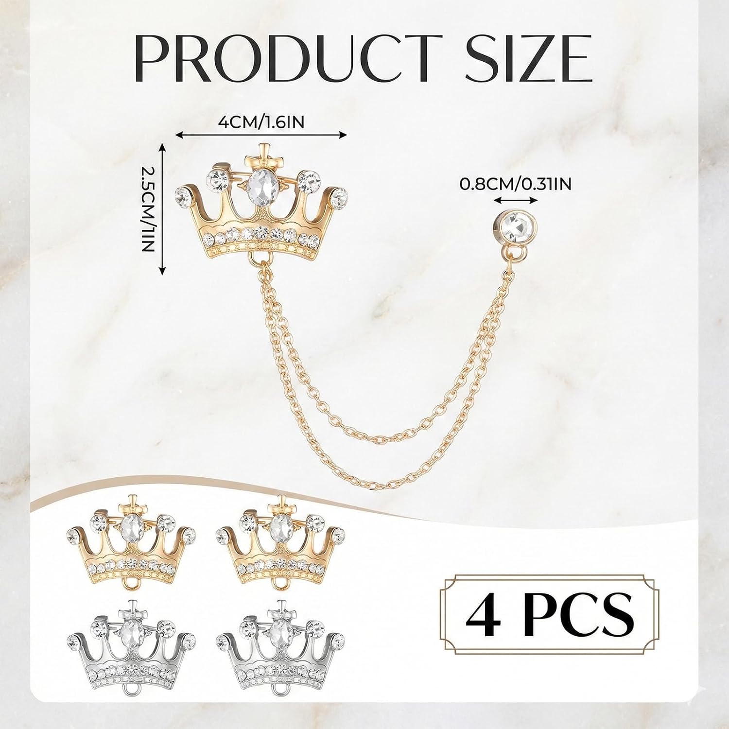 4PCS Suit Hanging Chain Women Men Crown Retro Crystal Pins Collar Pin Brooch with Rhinestone Detailing Suit Stud Lapel Rhinestone Pin Engraving, Gold Silver Crystal for Breastpin Wedding Brooch