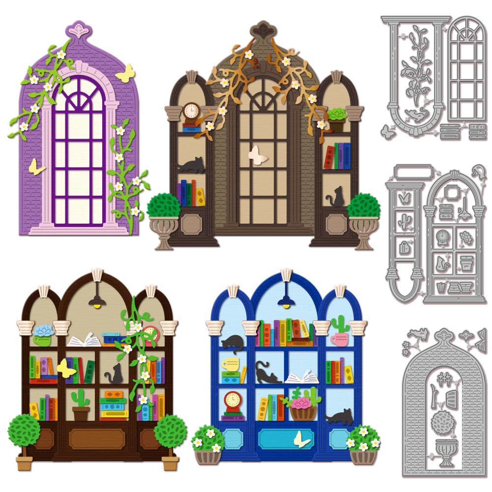 GLOBLELAND Library Window Frame Cutting Dies for DIY Scrapbooking Metal Books Flowers Cut Dies Cat Die Cuts for Card Making Embossing Photo Album Craft Decor