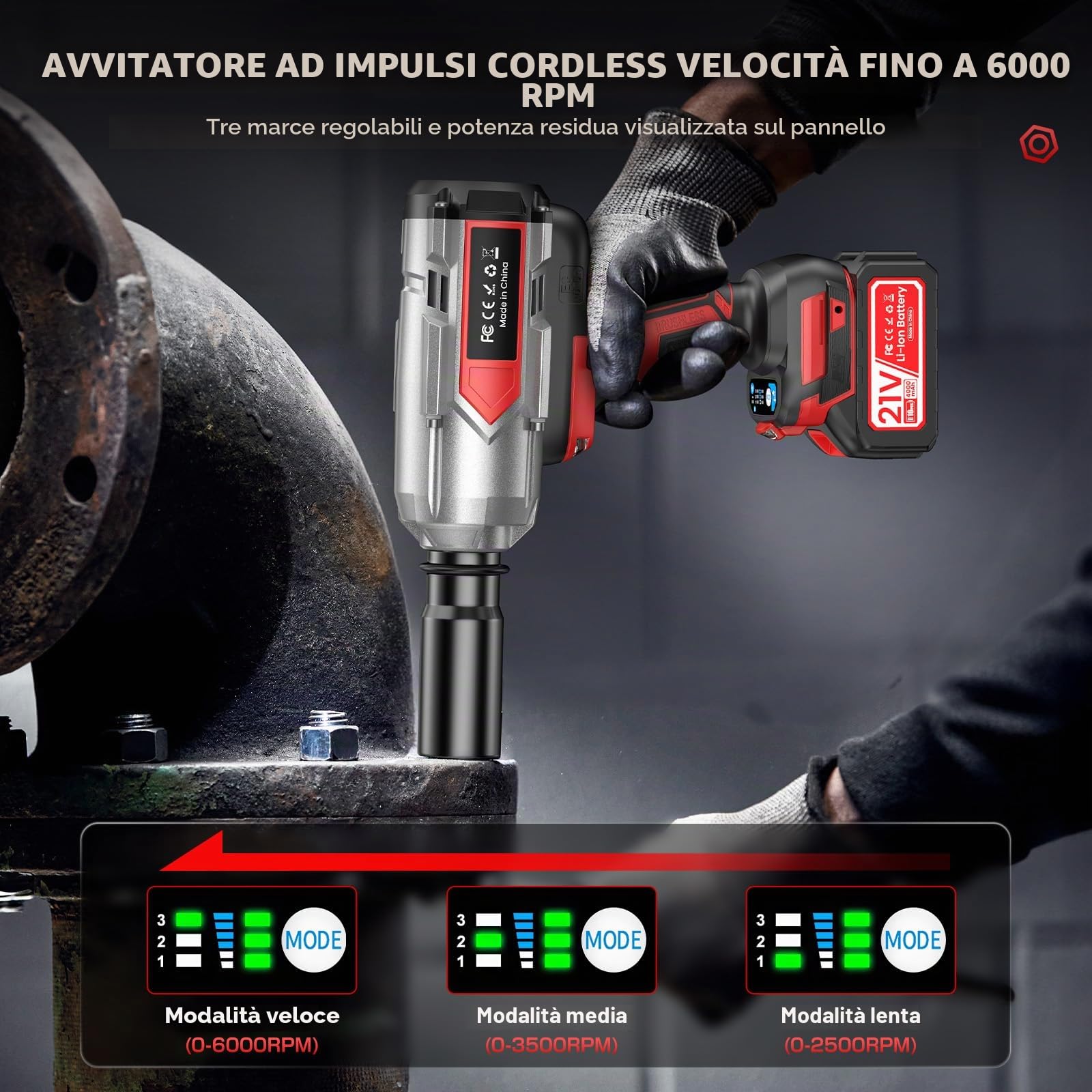 Avvitatore a Impulsi, 1200N.m Cacciavite a Batteria con Batteria 4.0 AH*2, 2 Luci a led, Modalità 3+2 Velocità, Con 5maniche, Pistola a percussione senza spazzole, Auto