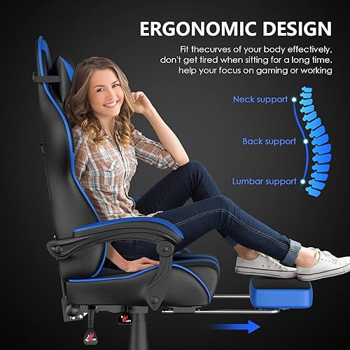 Miniatura 7 de Huracan Silla de juegos con reposapiés, sillas ajustables para computadora de videojuegos para adultos, respaldo reclinable, silla de escritorio de