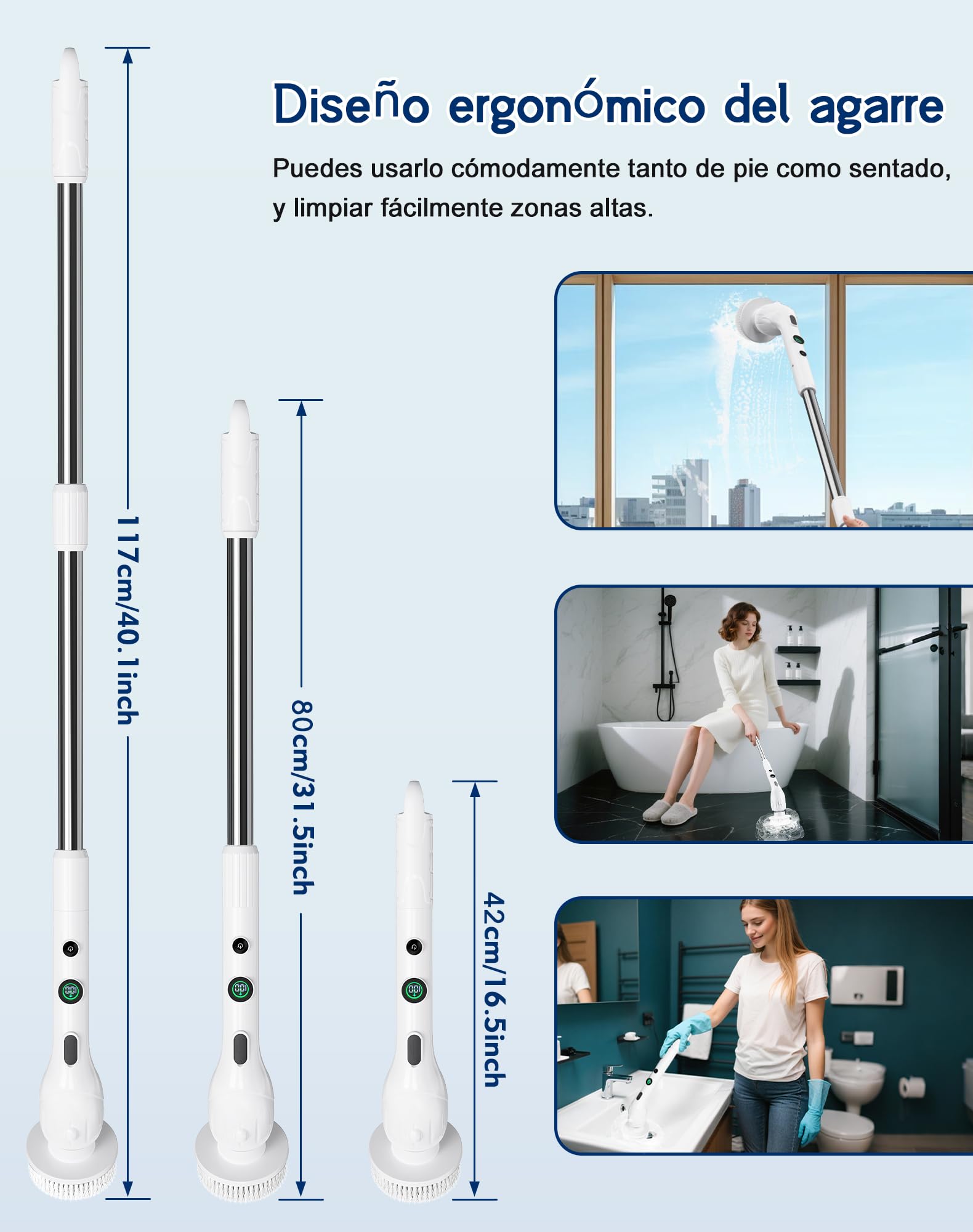 Cepillo Electrico Limpieza Hogar con 4 Cabezales Intercambiables, 2 Velocidades, Cepillo Giratorio Recargable con 2500 mAh Batería, IPX7 Impermeable, Mango Telescópico para Baño, Cocina, Suelos