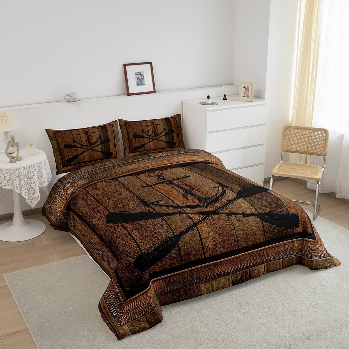 Castle Fairy Nautical Anchor Comforter Set King Size,Lake Life Paddle Go Boating Themed Bedding Set All Season Quilt Set,Brown Retro Rustic Country Wooden Plaid Microfiber Polyester Down Comforter