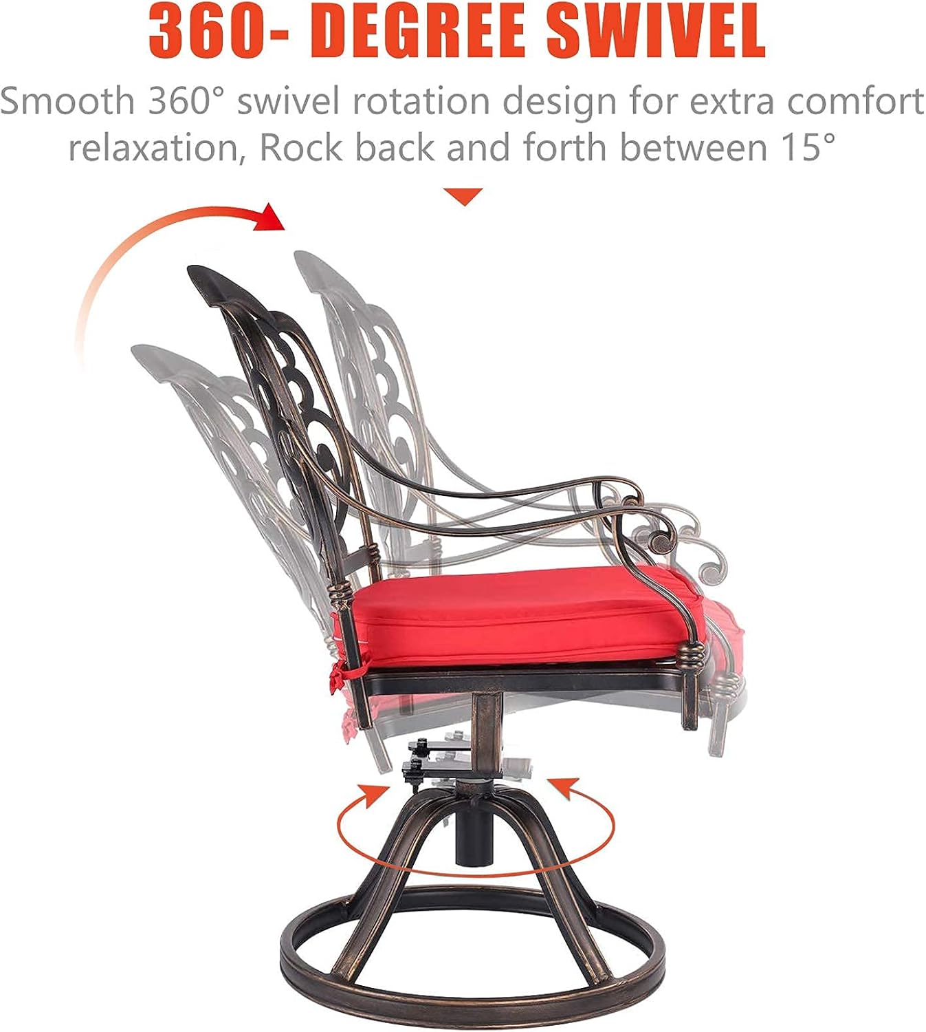 Grepatio 2 Piece Patio Swivel Dining Chairs with Cushions, Outdoor Cast Aluminum Dining Chairs Set of 2, Metal Furniture Chairs for Lawn Garden Backyard (Swivel Rocker Chairs with Red Cushions)