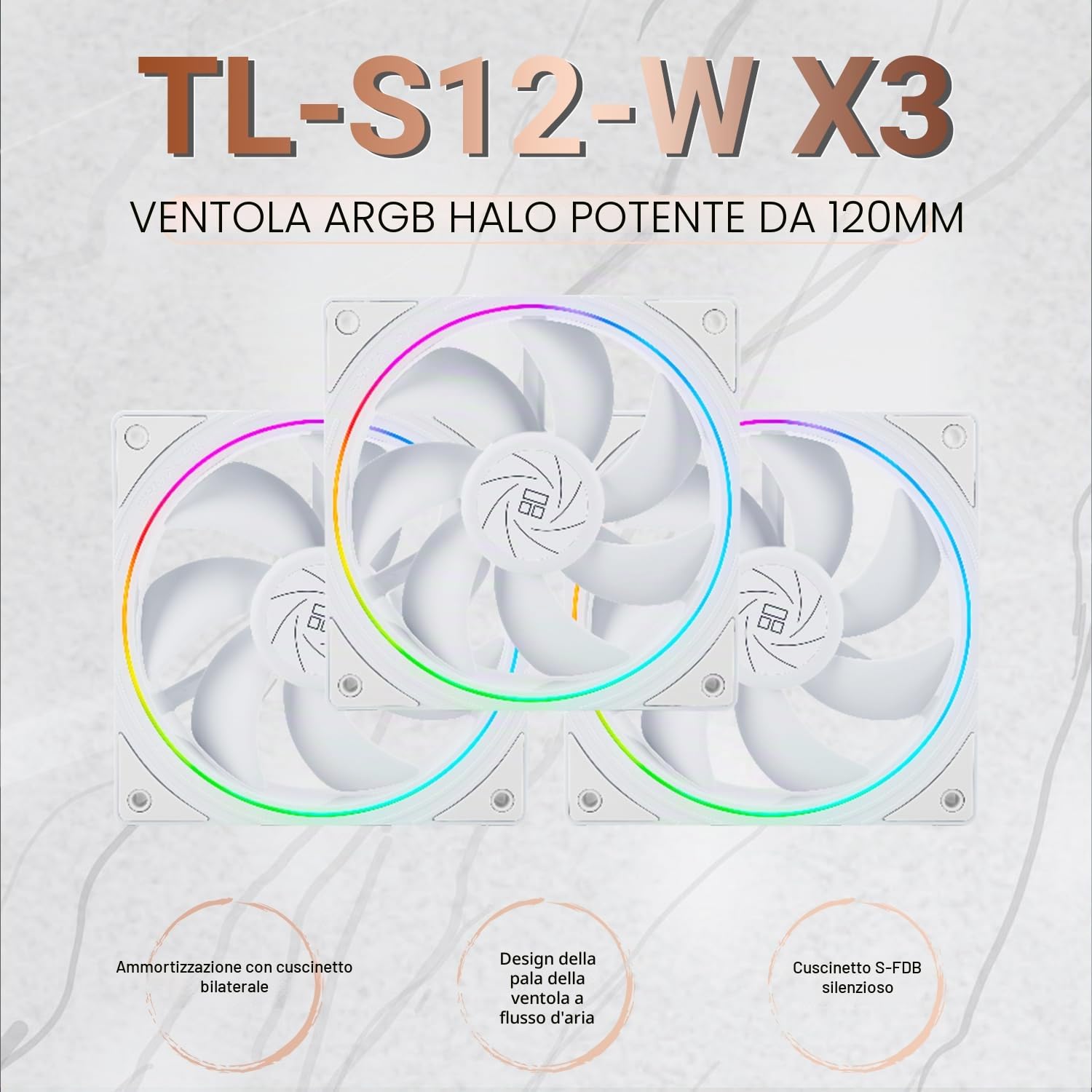 Thermalright TL-S12W - Ventola per CPU da 120 mm, con effetto luce ARGB, ventola per computer PWM Silent con velocità di 1500 giri/min, ventola di raffreddamento CPU, colore bianco (confezione da 3)