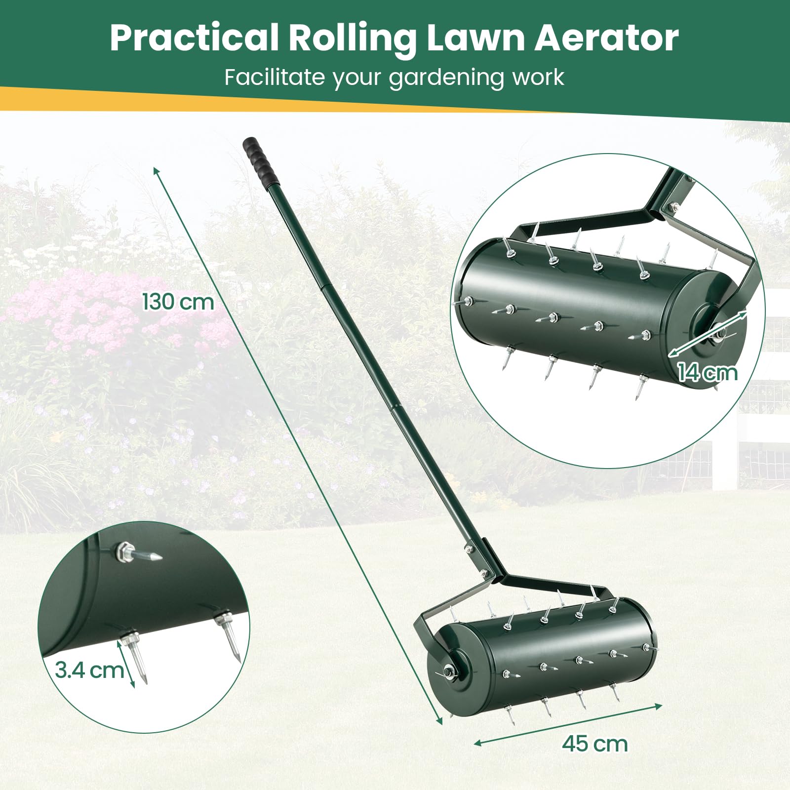 Wertykulator ogrodowy, ręczny wałek do trawy z kolcami, 45 cm/53 cm, z bębnem do napełniania i odłączaną rączką 130 cm, wytrzymały, obrotowy, stalowy, z zębami pchającymi i ciągnącymi (45 x