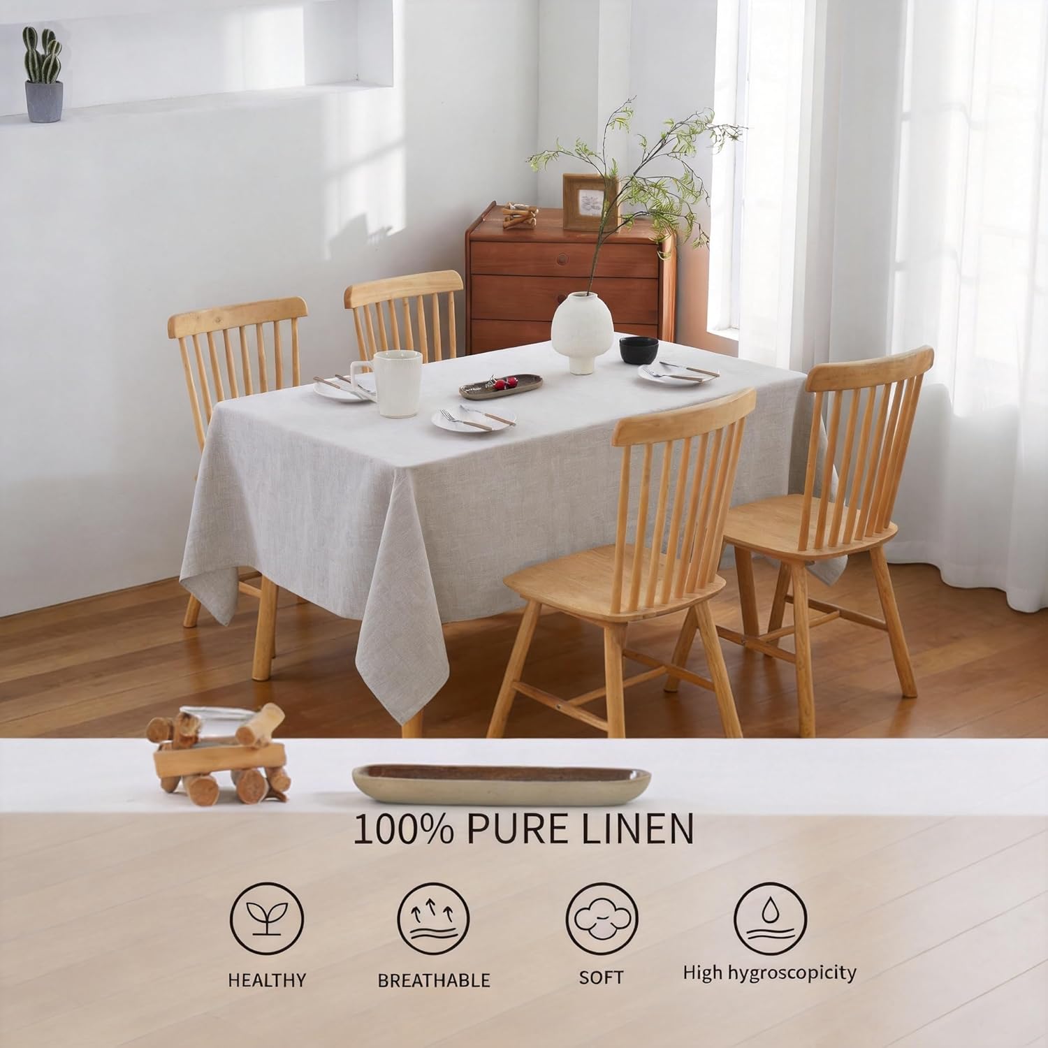 100% French Flax Linen Tablecloths Rectangle 108Lx60W Inch for Dinners, Parties, Easter, Halloween, Camping, Stone Washed, Textured, Machine Washable, 8-10 Sets (60''x108'', Natural Linen)