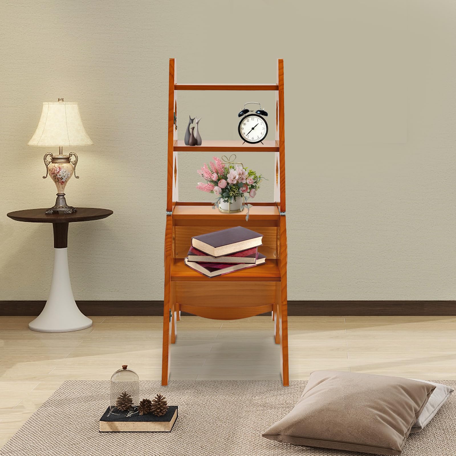 Sgabello pieghevole a 4 livelli, in legno, trasformabile, scaletta e sedia per scale, multifunzione, portata 100 kg, utilizzato per interni ed esterni (caramello)