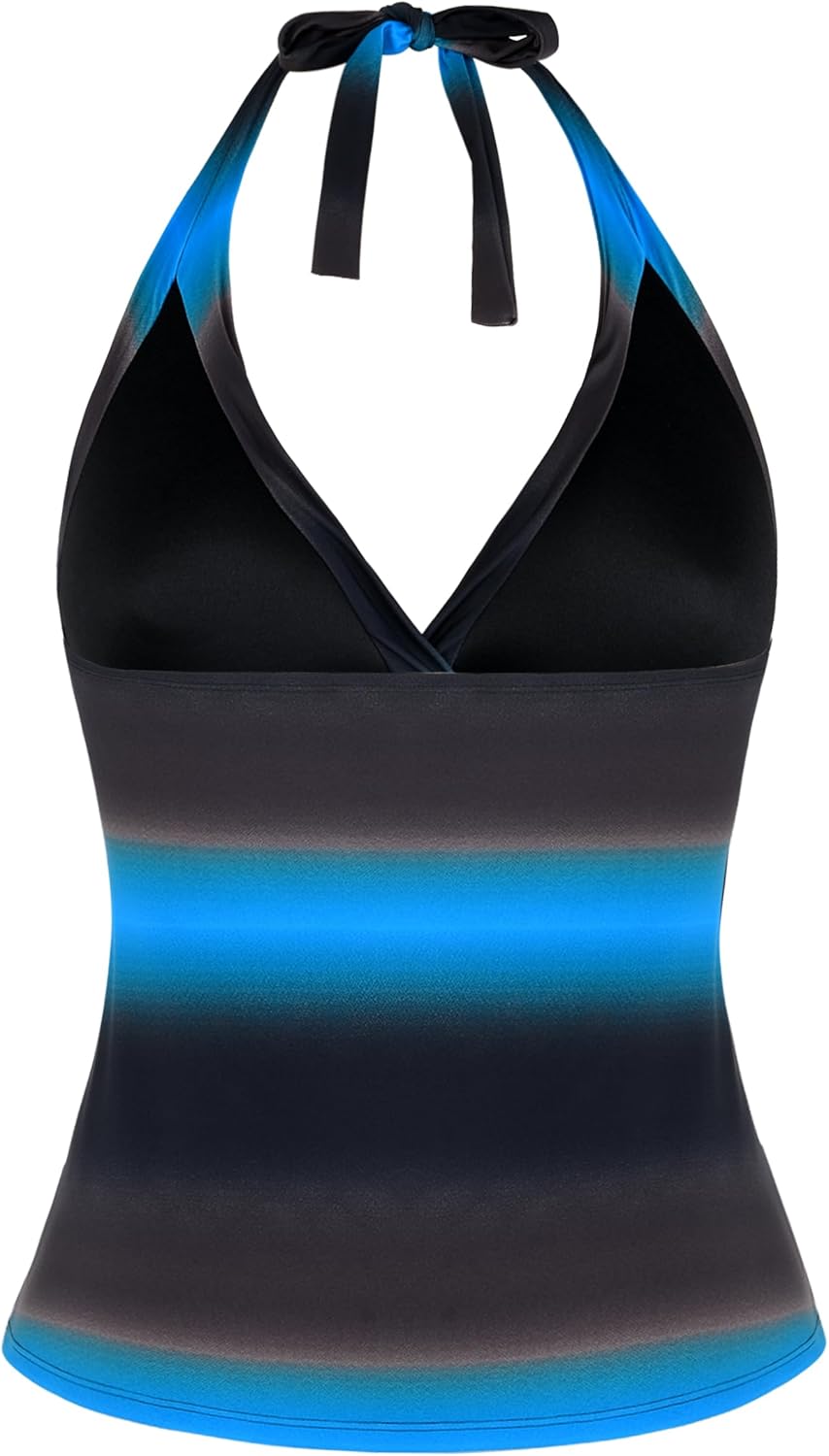 Hilor Women's Tankini Bathing Suit Plunging V Neck Halter Swim Tops Shirred Tummy Control Tankini Top - Image 4