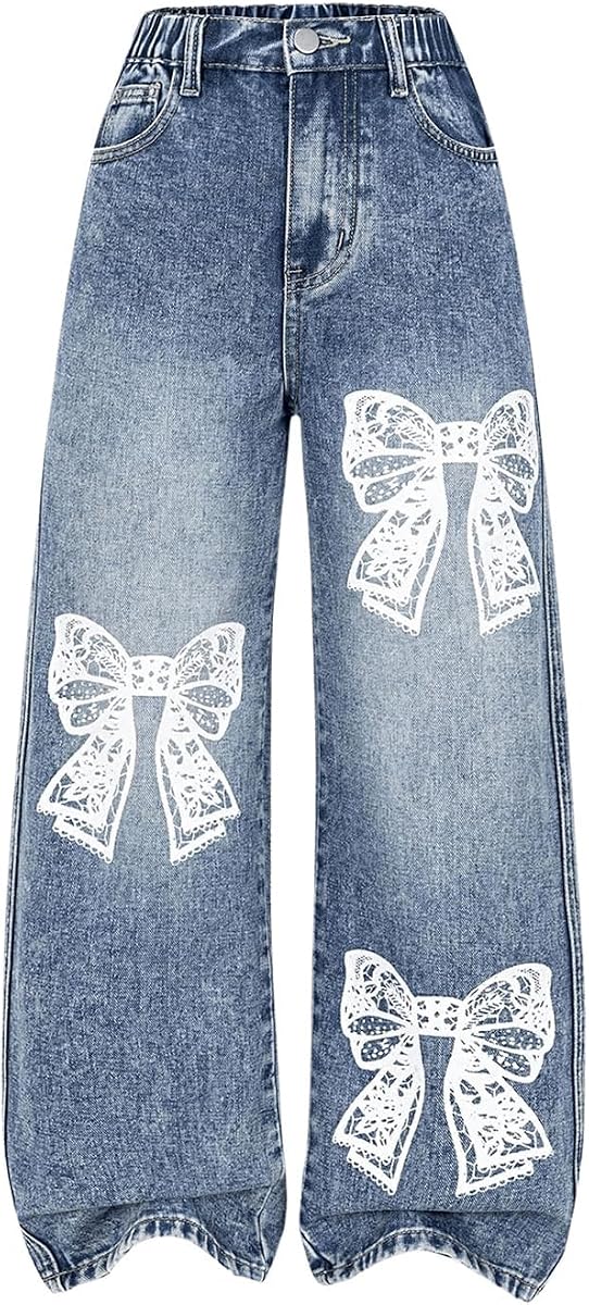 WDIRARA Girl's Y2k Bow Print Denim Pants Straight Leg Elastic Waist Jeans