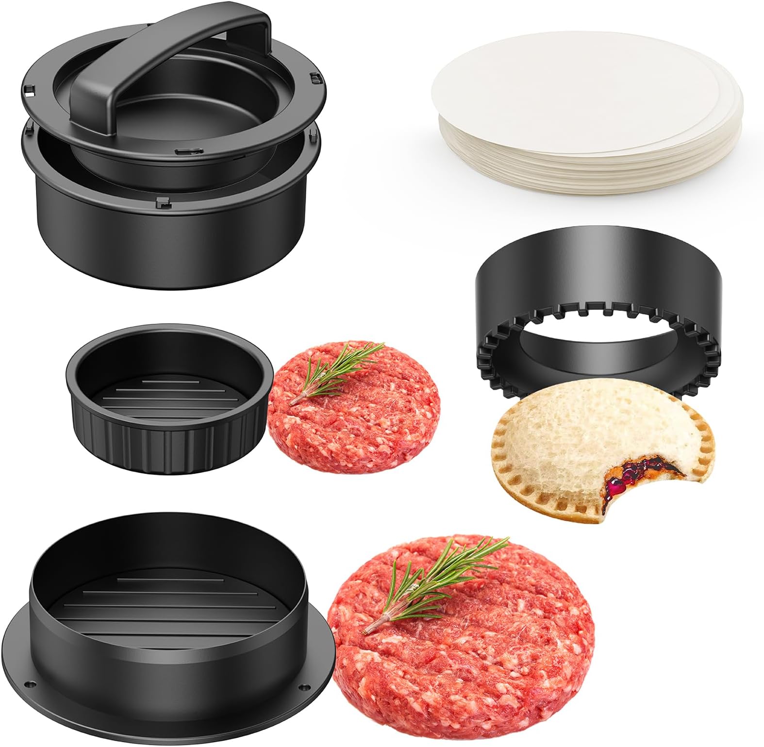 int!rend Burgerpresse 3 in 1 + 60 Backpapiere DIY Burger Pattie
