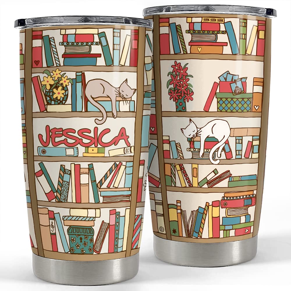 SANDJEST Personalized Book Tumbler Cats And Books 20oz 30oz Tumblers with Lid Gift for Women Girl Daughter Sister