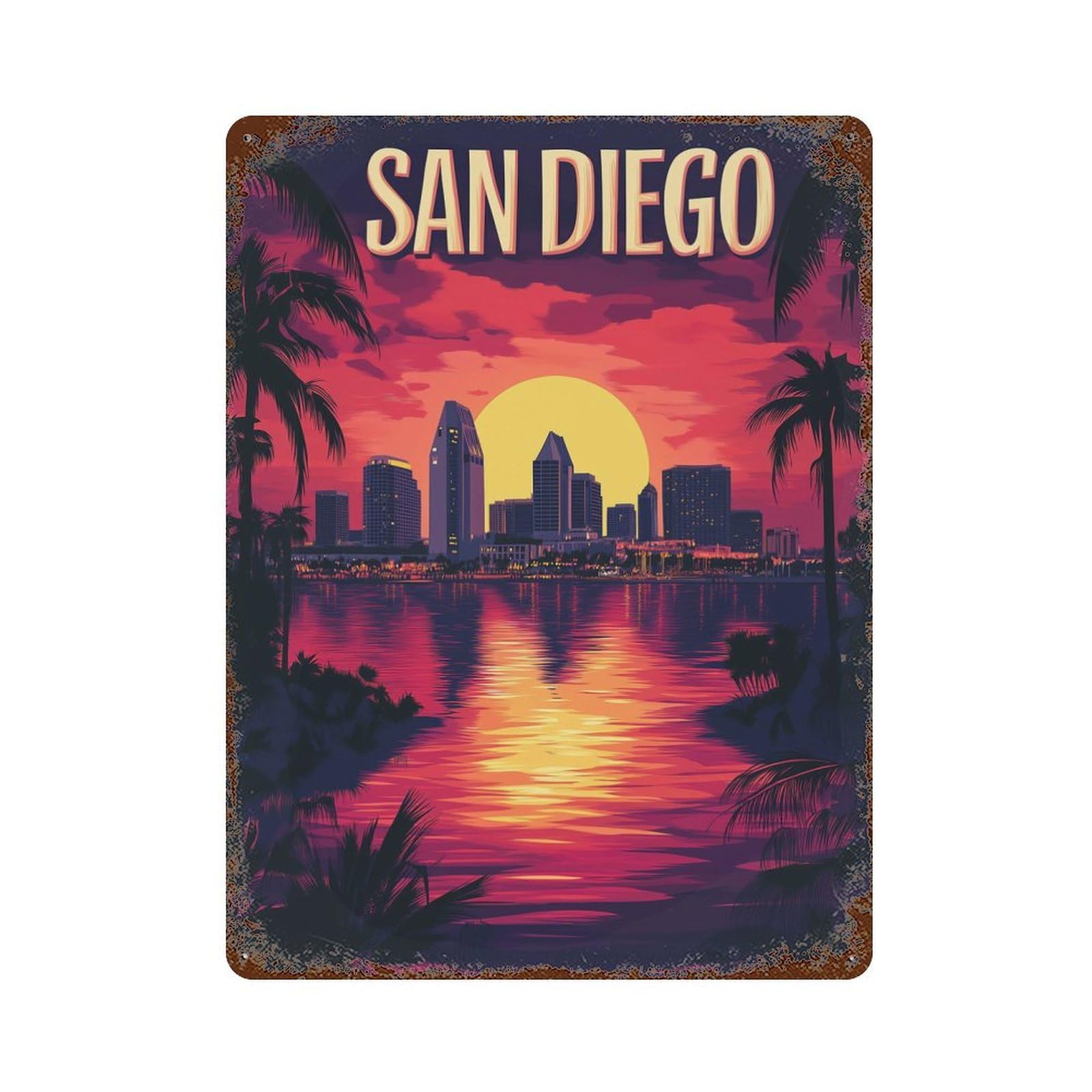 Decorative Tin Sign with San Diego Sunset Skyline Design 15.7"x11.8", for Farmhouse, Kitchen And Entryway Decor, Old School Wall Decor