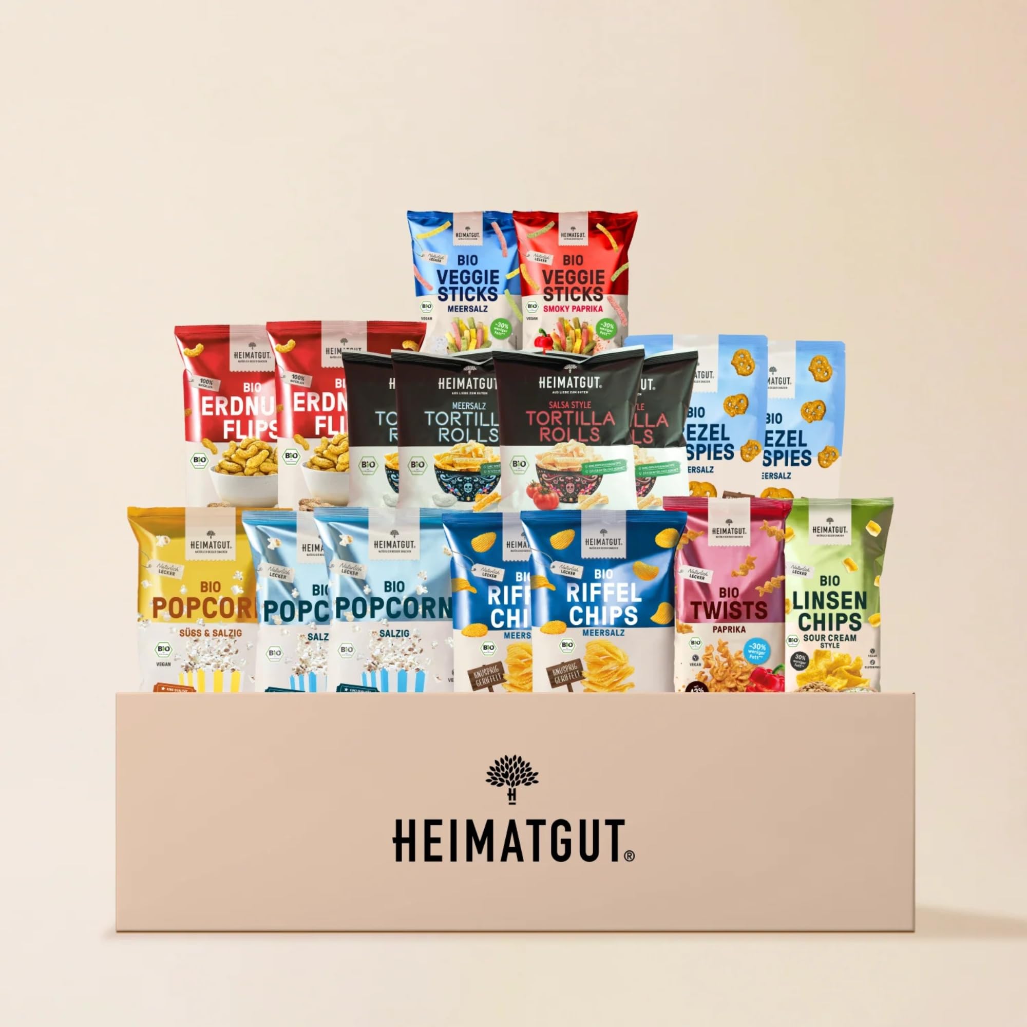 HEIMATGUT Bio WM Snackbox 2026, Snack-Mix - 17 vegane Bio-Snacks, salzig & herzhaft - Snackbox zum Probieren, Teilen & Verschenken