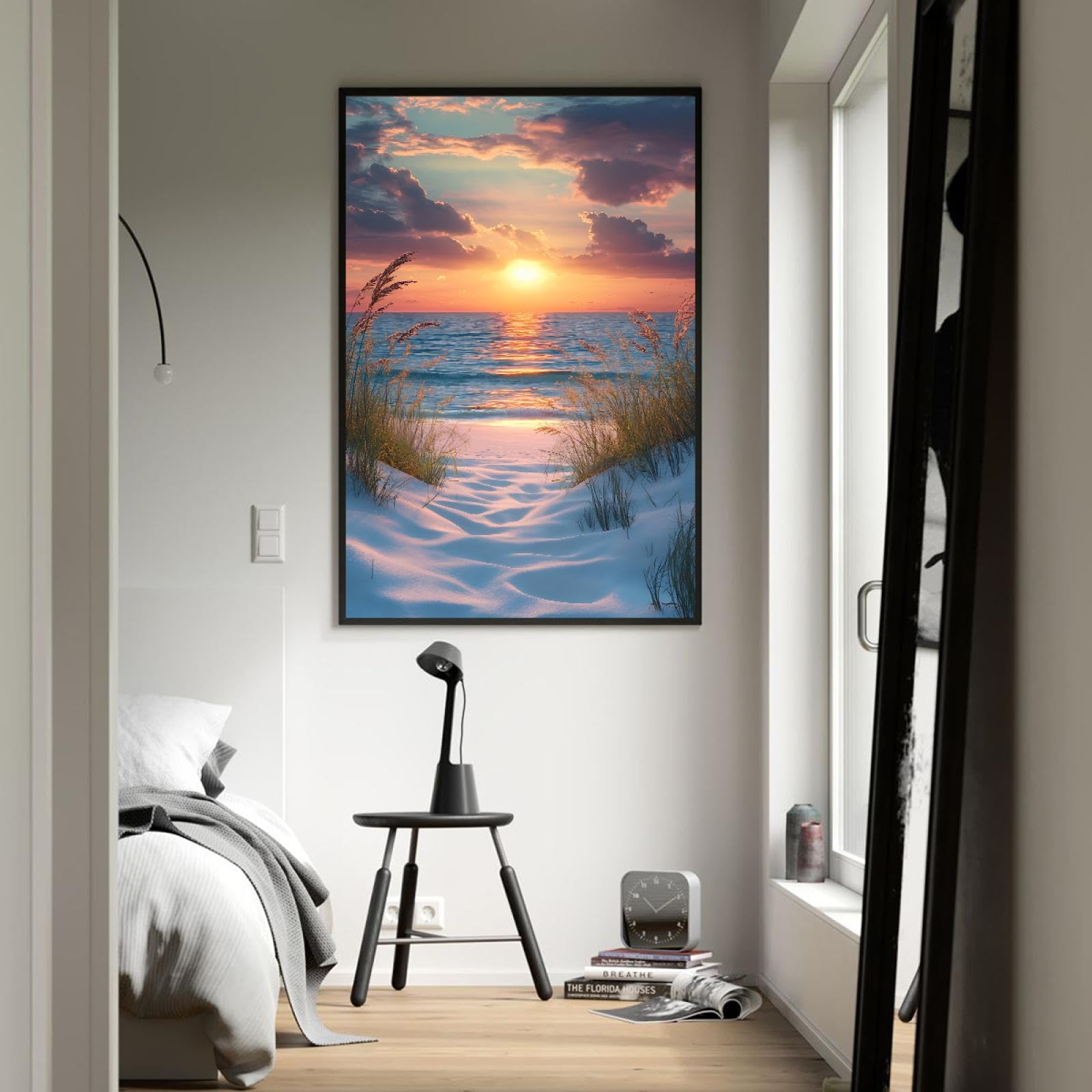 Via Vela Strand Sonnenuntergang Leinwand Wandkunst Küste Weg Bilder Kunstwerk Drucke Entspannen Meer Poster Malerei für Wohnzimmer Schlafzimmer Wohnkultur 80x120cm mit schwarzem Rahmen