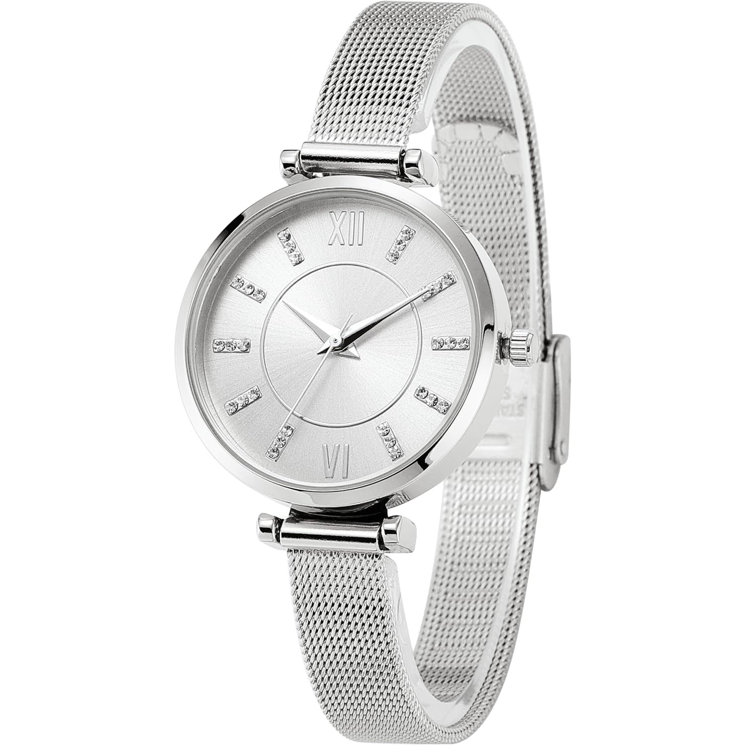 NUOVO Orologio argento con cristallo diamante, doppia fibbia di sicurezza, cinturino in rete alla moda ed elegante, Argentato, Moderno