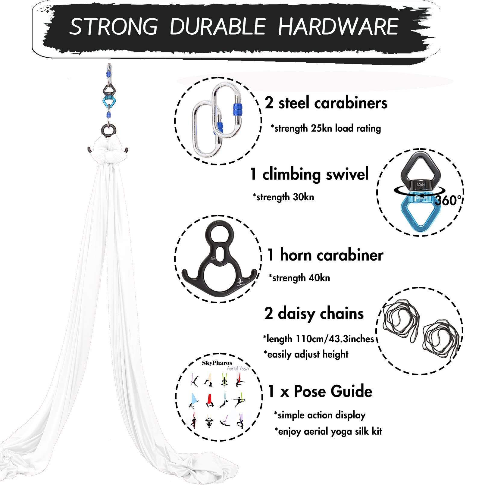 SKYPHAROS 11 Yards Aerial Silks Yoga Swing Set - Aerial Yoga Hammock Kit Anti-Gravity Flying for Fitness, Low/Non Stretch Nylon Tricot Fabric Hardware Included for Dance