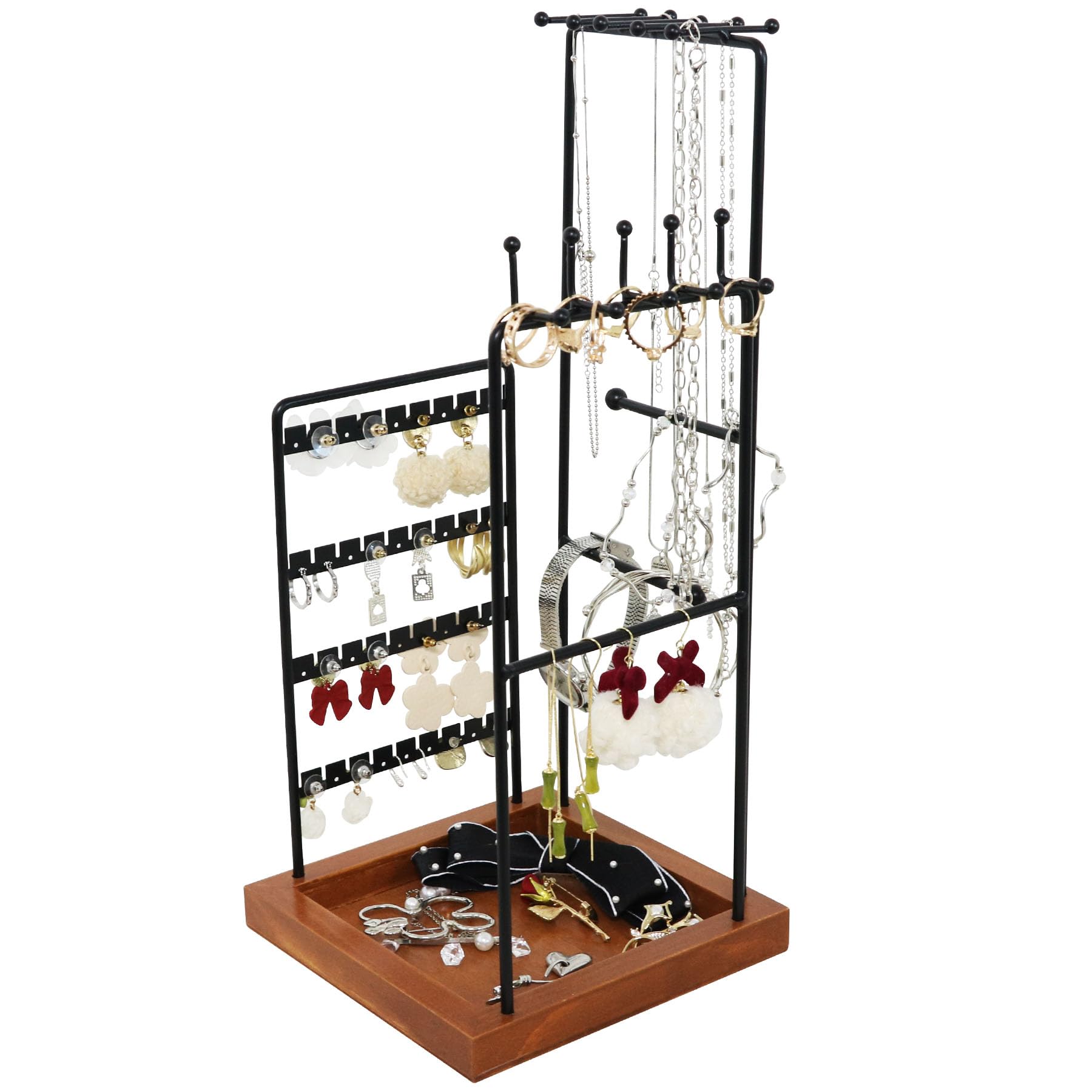 ini moni Jewelry Holder Organizer, 3 Different Height Jewelry Stand for Display Earrings, Necklaces, Bracelets, Rings, with Wooden Tray to Organize Lipstick, Perfume, Watch