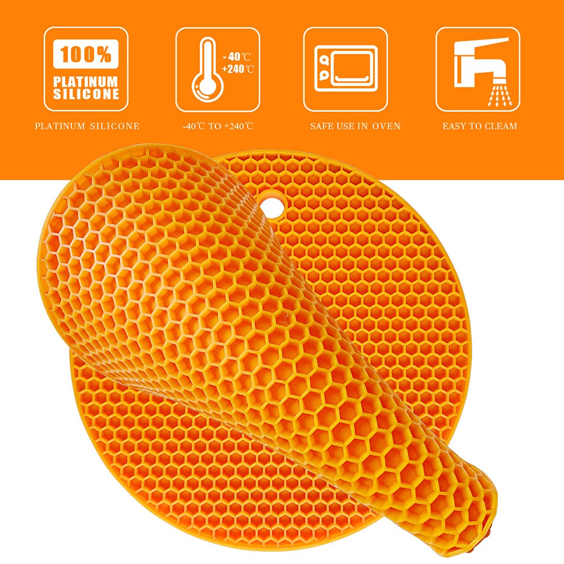 PTAPIPI Salvamanteles de Silicona para Ollas Calientes (Pack de 2, Ø18cm) – Protector de Encimera Resistente al Calor, Posavasos Cocina y Lavavajillas (Naranja)