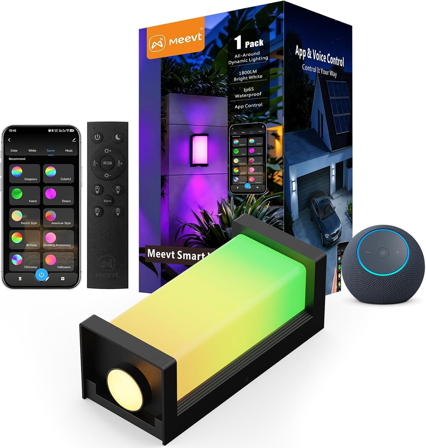 Meevt Lampade da Esterno RGBCW IP65, Smart Applique da Parete Interno, 1 Pz | 1800LM, Illuminazione a 3 Lati, Lampade con Alexa e Google Assistant, Controllo App / Telecomando, Balconi Giardini Garage