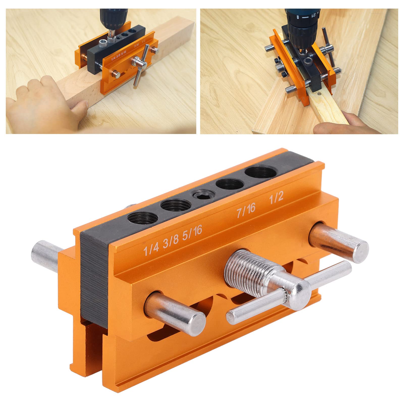 Dima per Spinatura Legno, Kit di Maschere di Centraggio Autocentranti, Guida di Foratura a Larghezza Regolabile, Localizzatore di Foratura Verticale in Legno Giallo da 64 mm