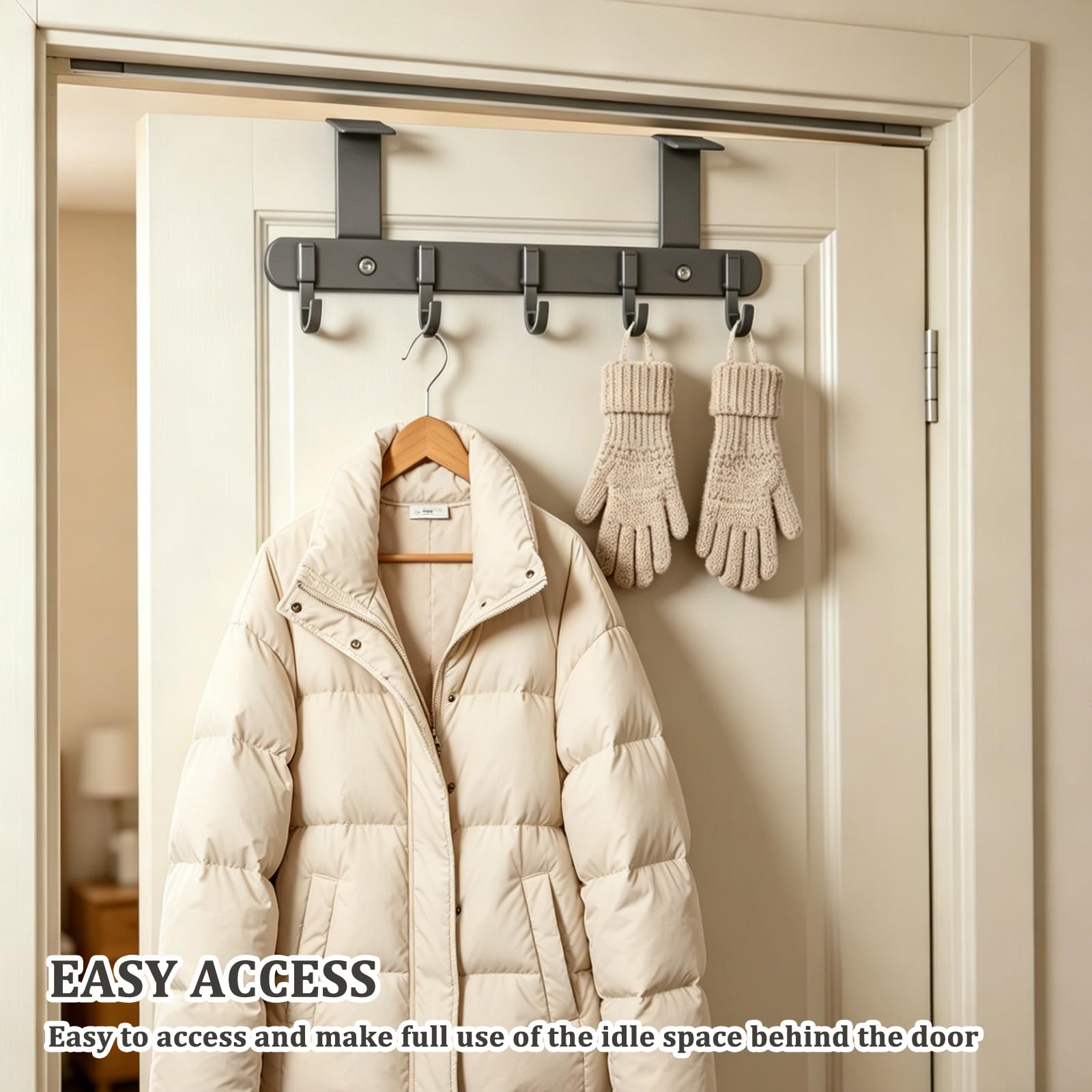 Appendiabiti da Porta, Attaccapanni da Porta, Appendino da Porte Regolabile per 22-58mm, Ganci Porte con 5 Ganci, Gancio Door per Camera da Letto, Bagno, Cucina, Grigio