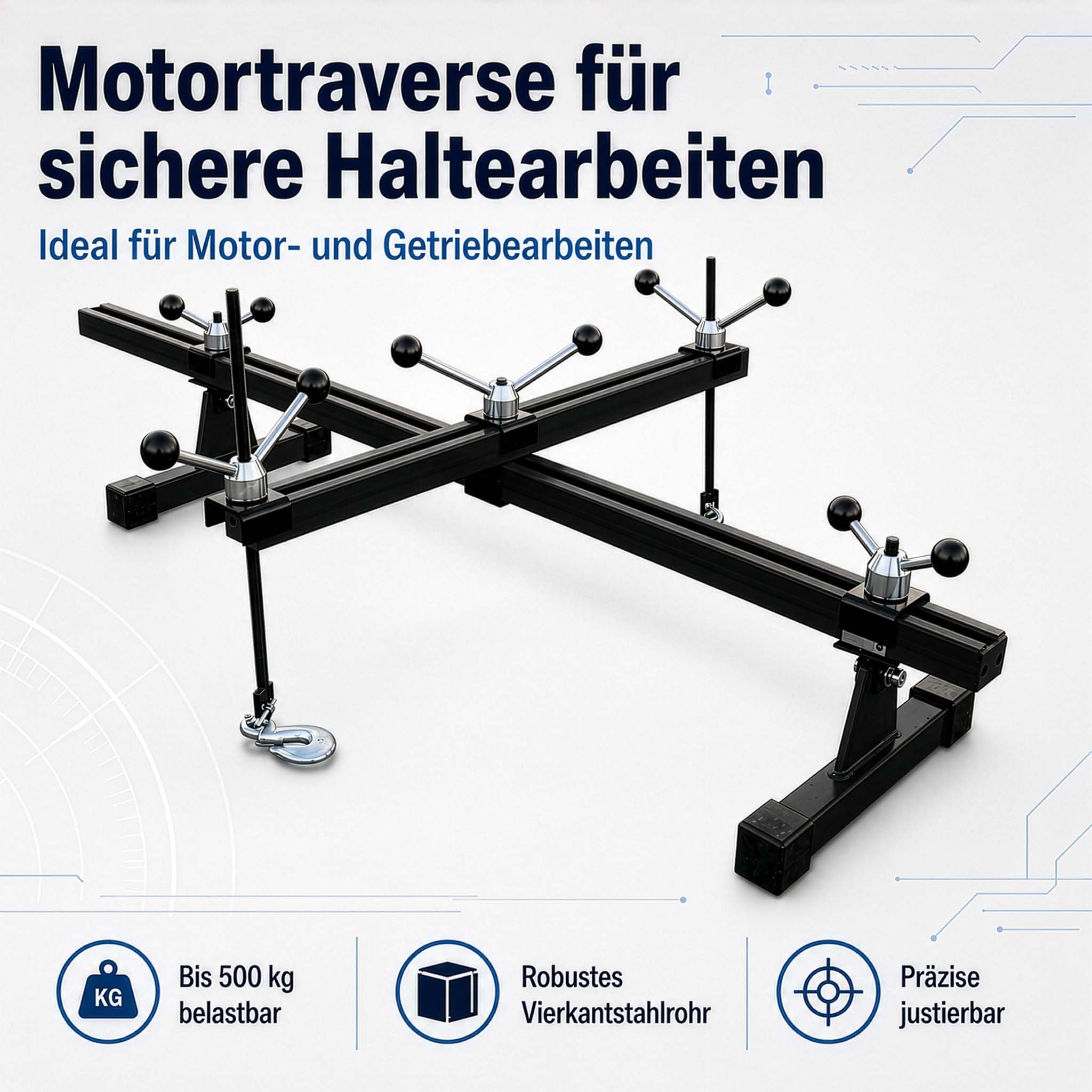 Wiltec Motortraverse Motorhalter 500 kg mit Querträger, verstellbare Motorbrücke 400–1400 mm, Motorstütze für Motor und Getriebe