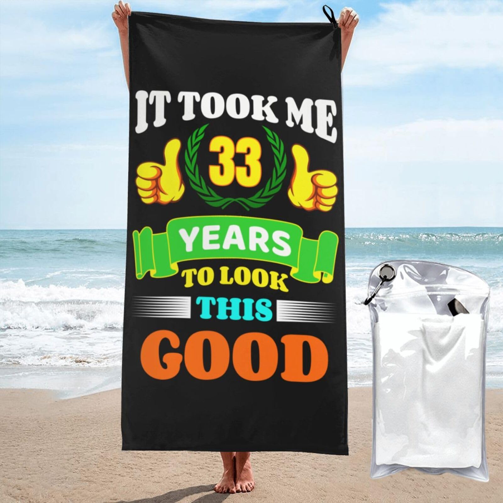 Toalla de playa de secado rápido 70x140 cm para gimnasio, viaje y regalo divertido de 33 años