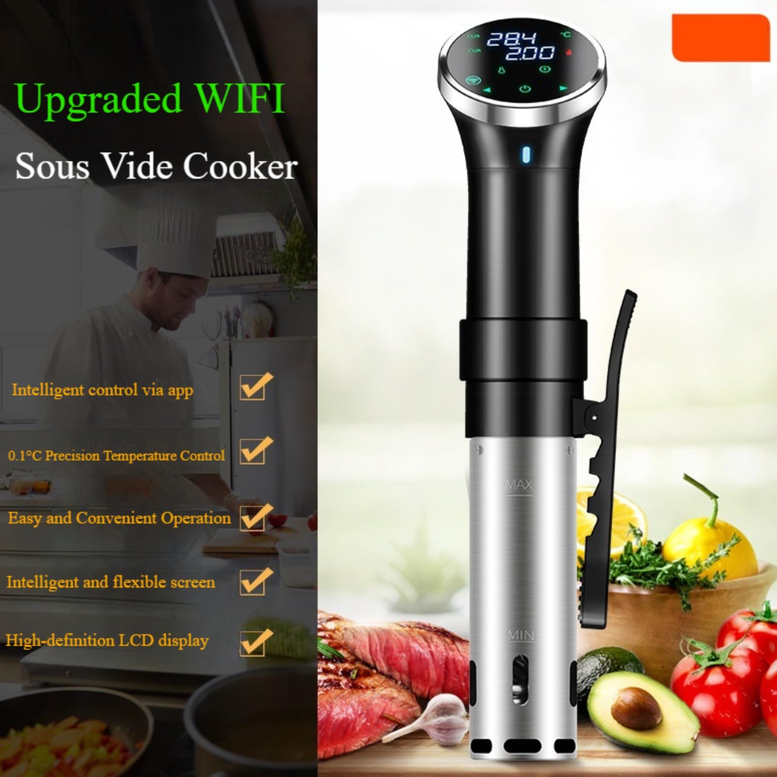 WiFi Sous Vide Cooker SJ-S015W, máquina de inmersión térmica de 1100 W, circuladores de circulación de agua 3D, calefacción con aplicación preestablecida y recetas de máquina, bajo aspiradora,