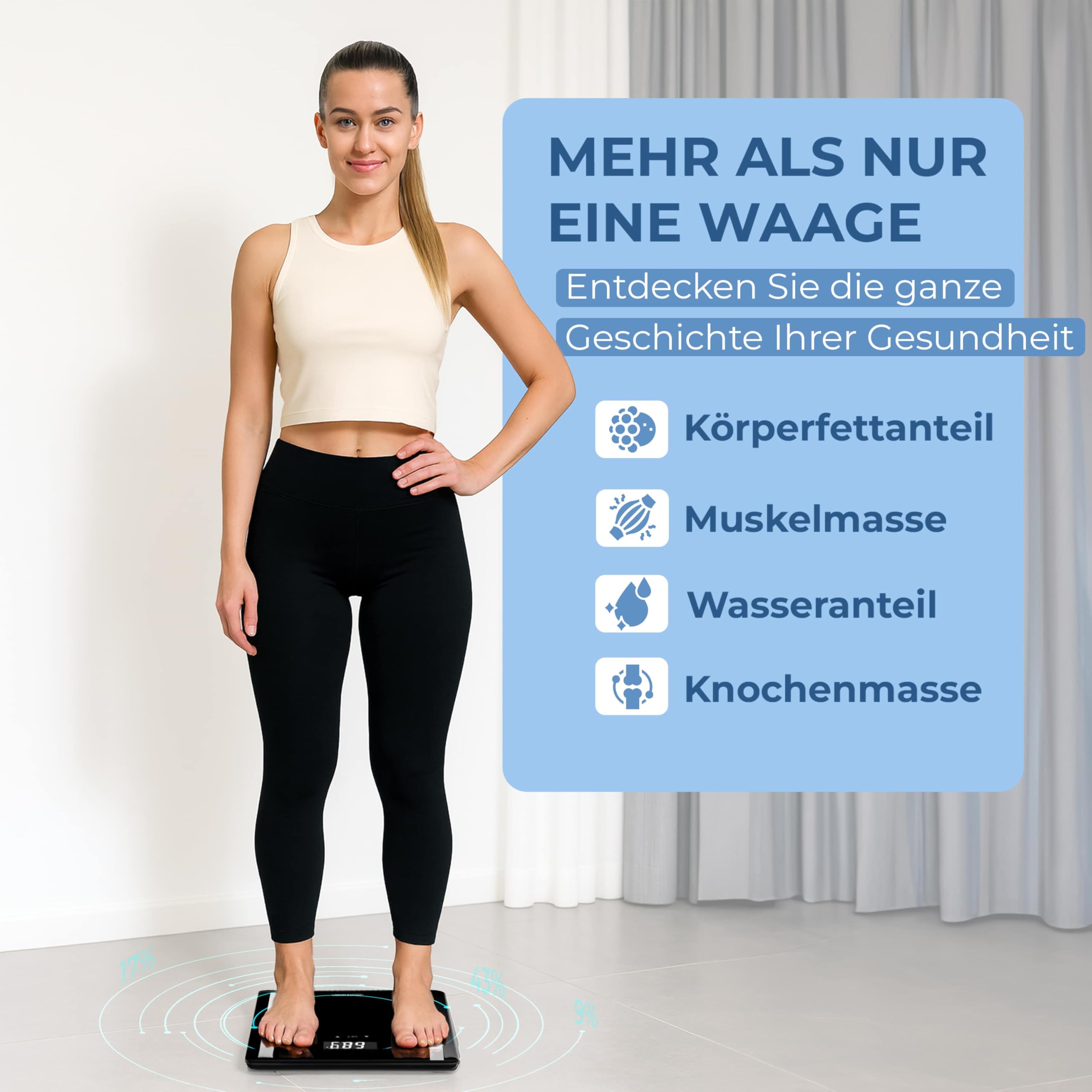 MONZANA® Personenwaage Digital BIA Analyse Waage Körperfett Muskelmasse für 10 Nutzer-Profile Große Trittfläche 30x30cm Fitness Körperwaage bis 180kg