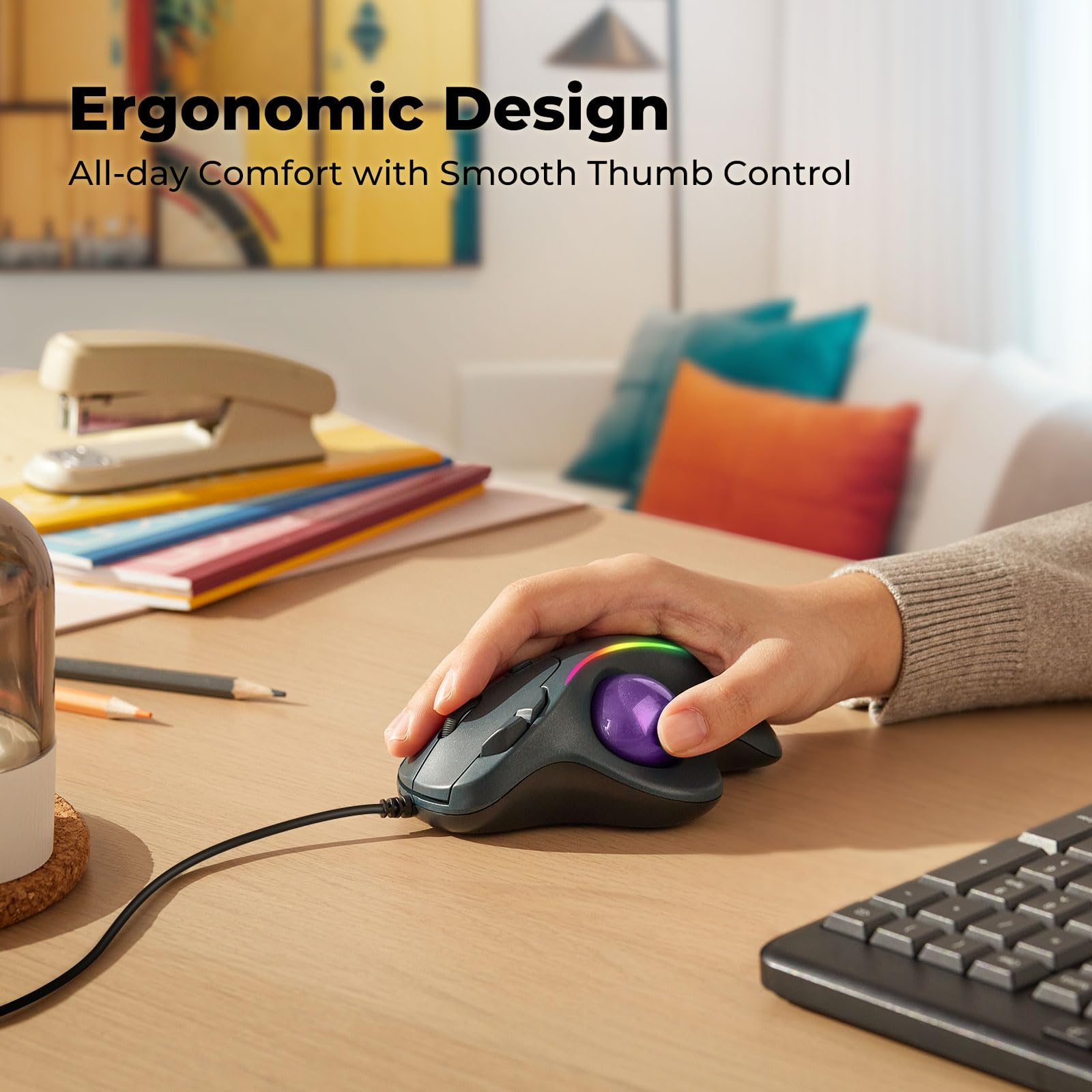 Souris filaire avec éclairage RVB, contrôle ergonomique du pouce pour réduire la fatigue musculaire, 5 DPI réglables, double connectivité USB-C et USB-A, compatible avec PC, ordinateur portable