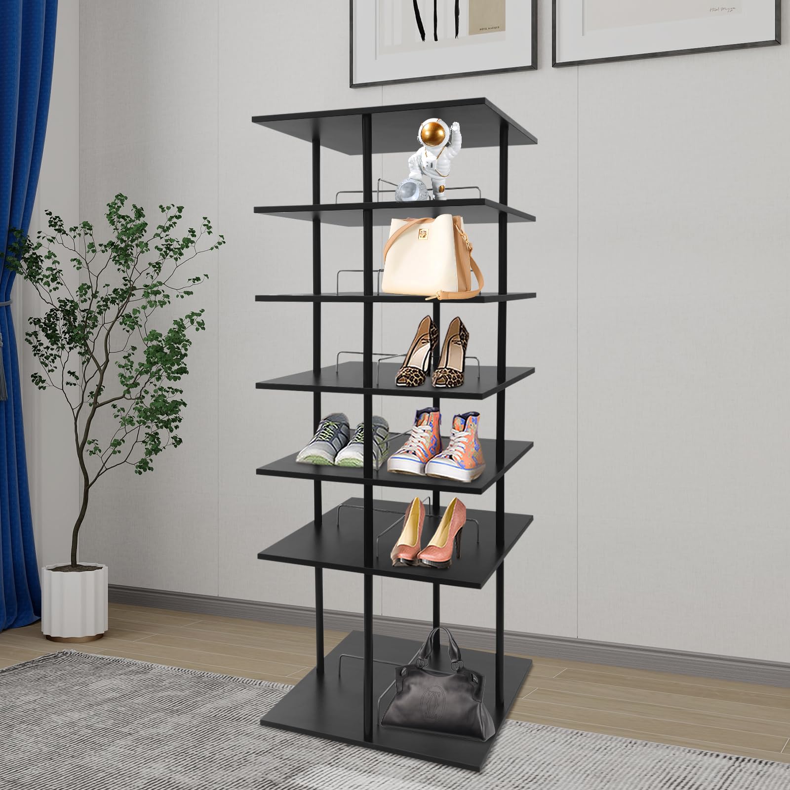 Drehbares Schuhregal 6 Ebenen, 360° Rotierender Schuhständer, Metall & Holz, Jede Ebene passen für 4 Paar Schuhe,Platzsparendes Aufbewahrungsregal,Für Flur, Schlafzimmer & Wohnzimmer, 57x57x155cm