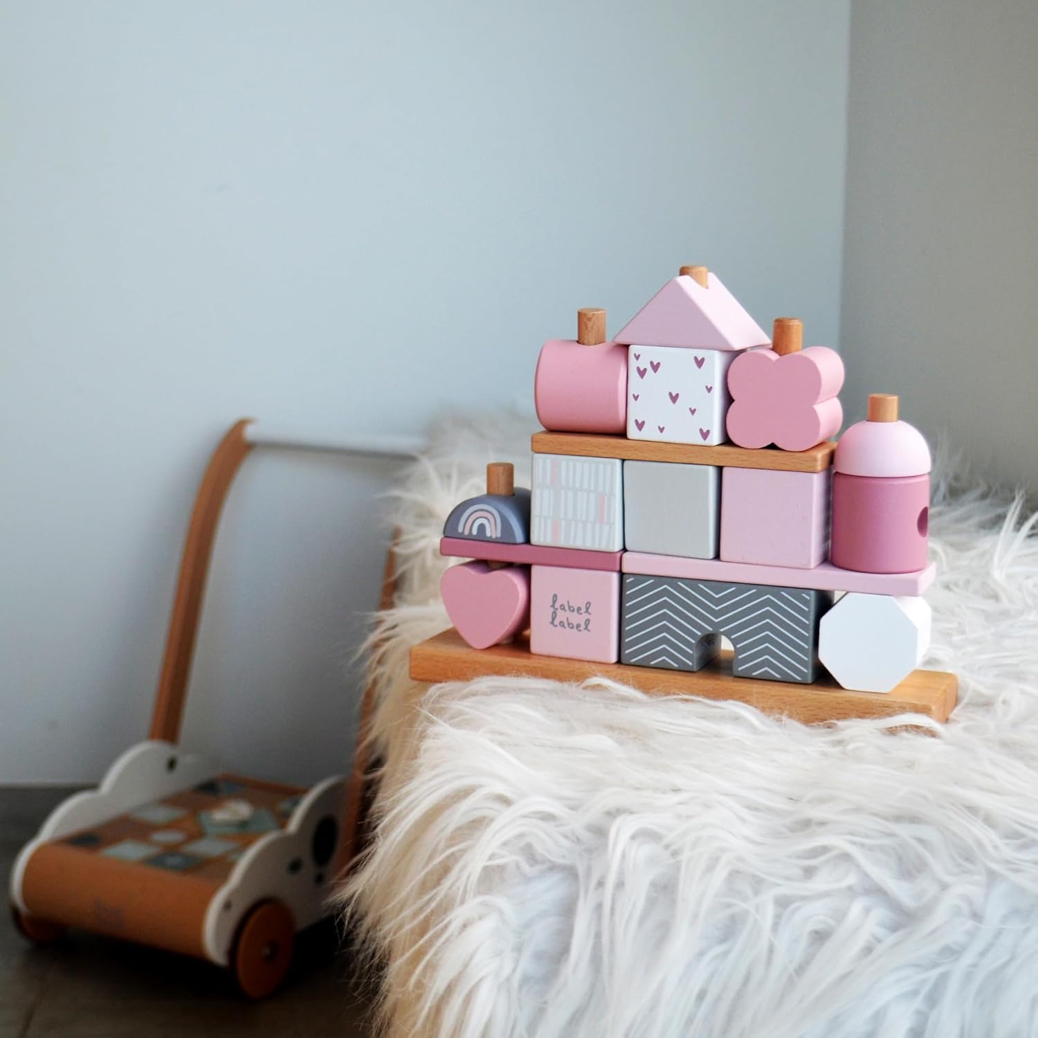 Stacking Blocks House - Pink - Natural Wooden & Colored Blocks, Creative Building, Range of Shapes & Sizes, Storage Rack, Toddlers 18Mo+