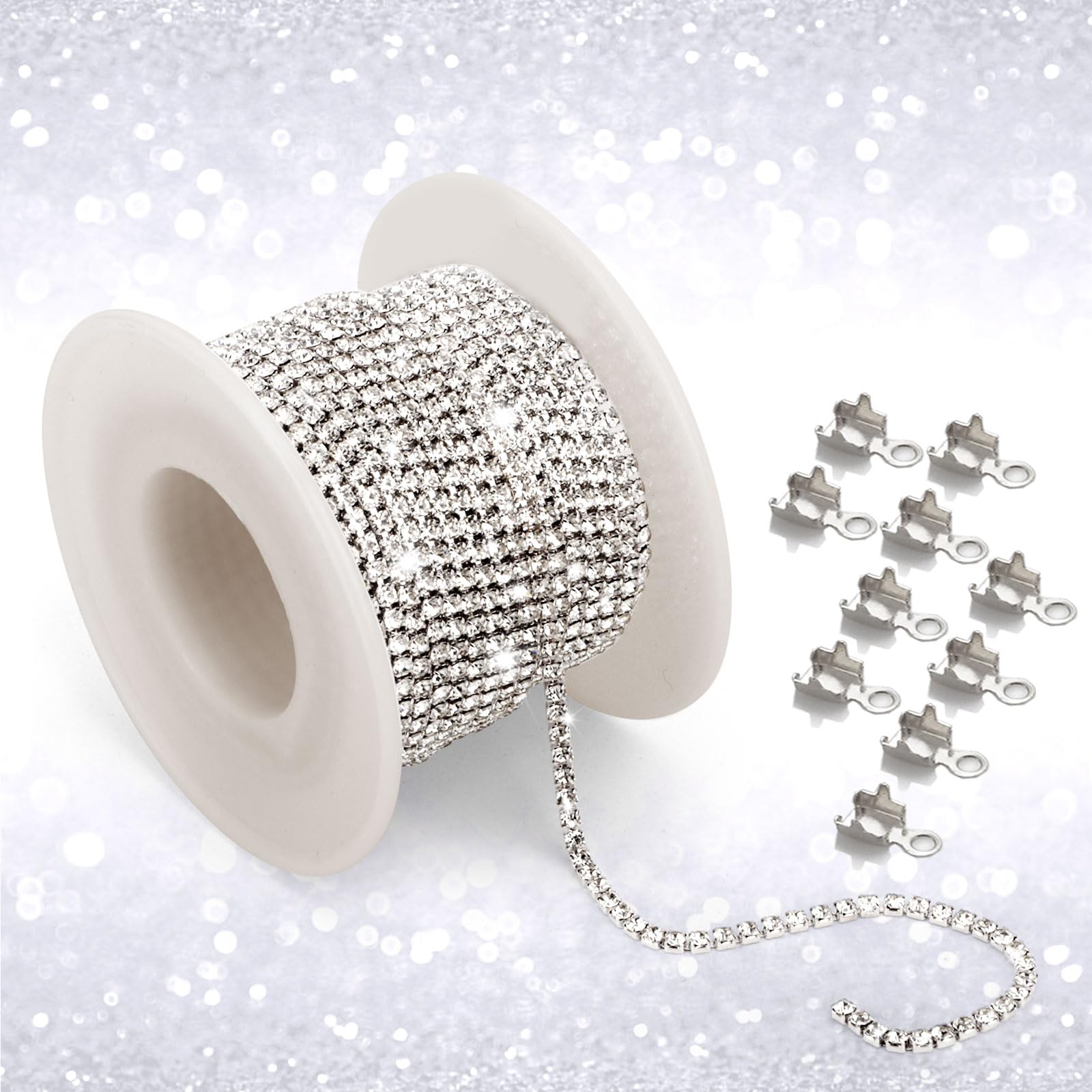 FEELOVE Rhinestone Chain with 10 Connector Hooks, 10 Yards 2MM Rhinestone Trim, Rhinestone Strips, Rhinestone String for Sewing Crafts, DIY Decoration, Jewelry Making, Shoe Charms